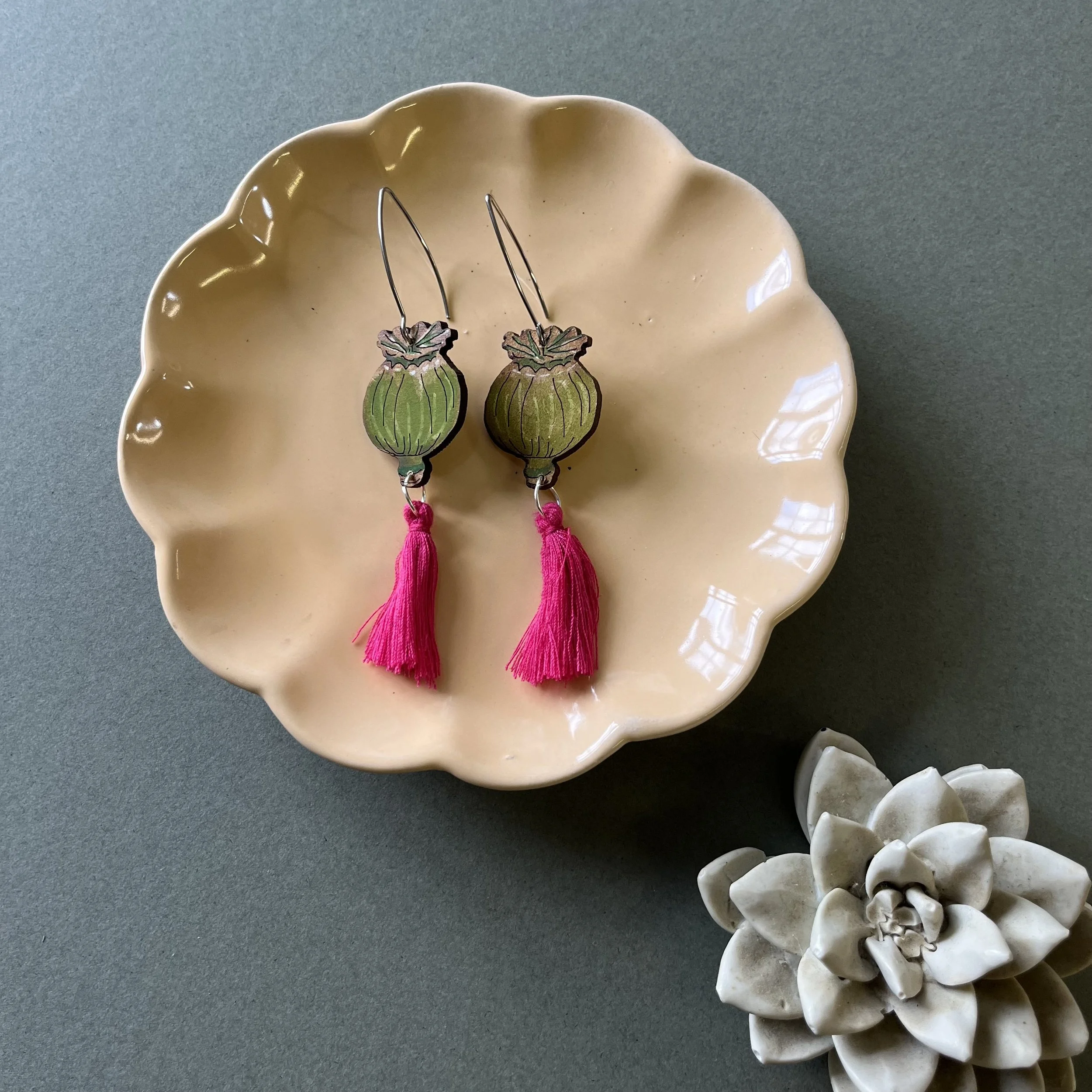 Poppy Head Earrings with hot pink tassels