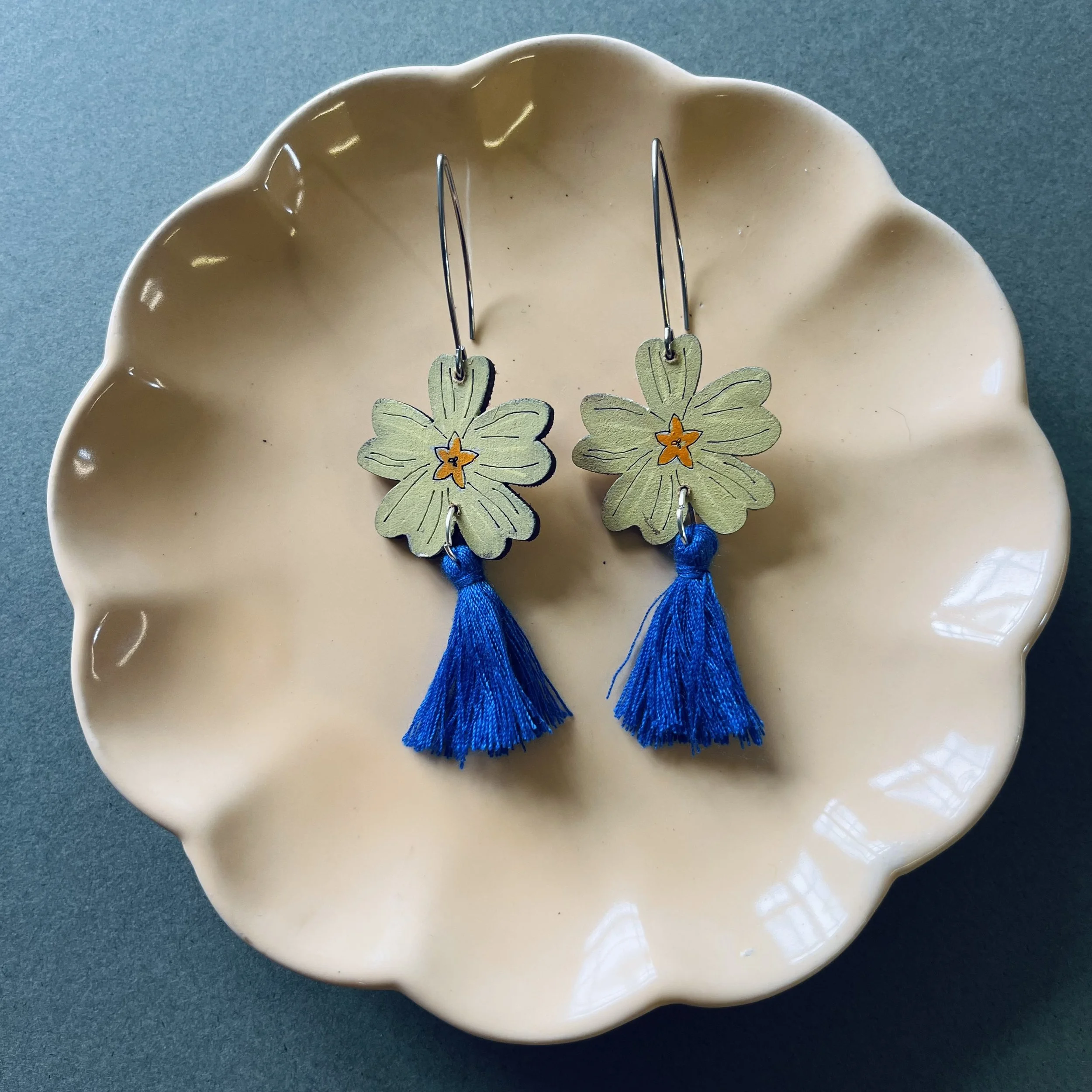 Primrose Tassel Earrings with a Cobalt Blue tassel