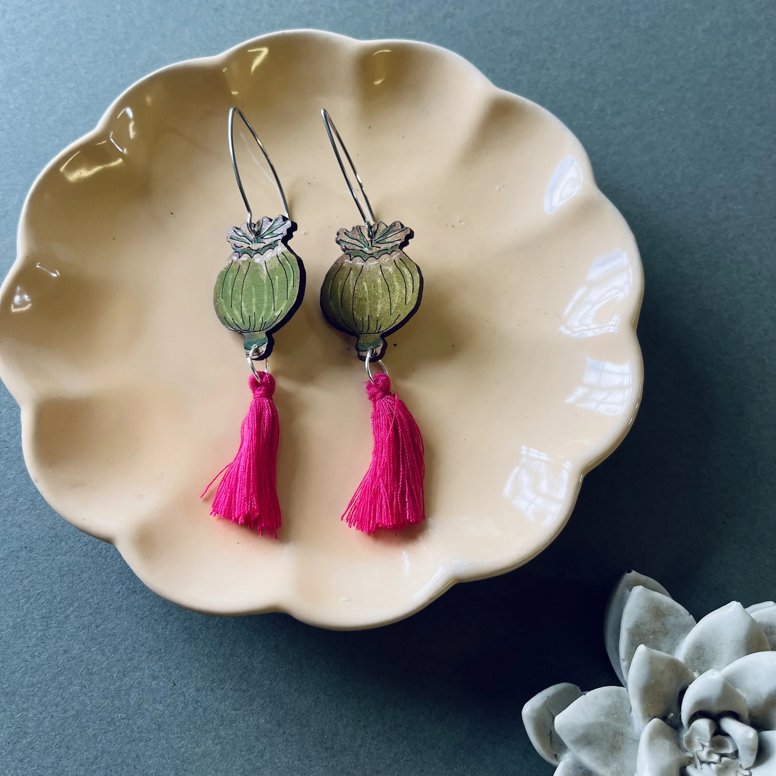 Poppy Head Earrings with hot pink tassels