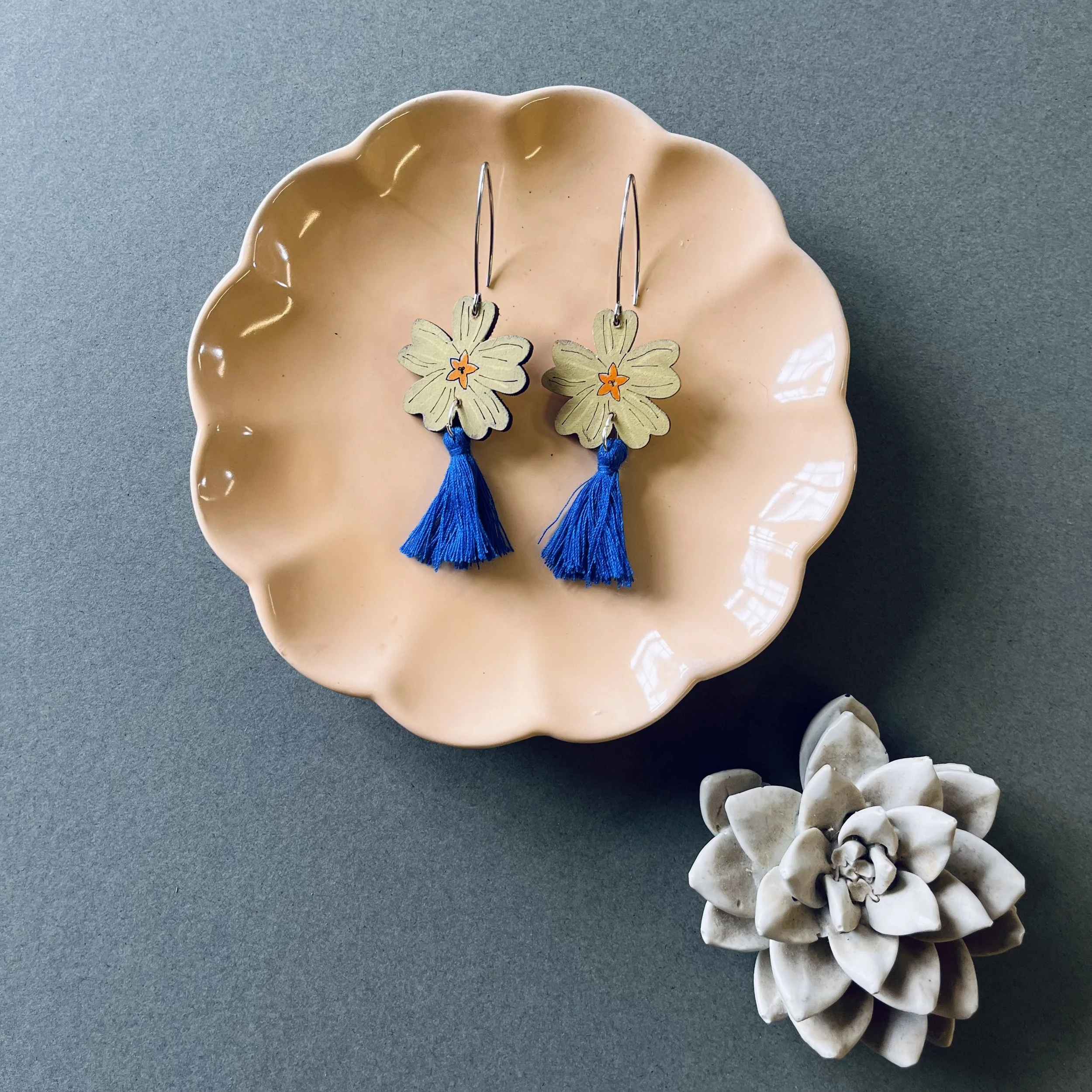 Primrose Tassel Earrings with a Cobalt Blue tassel