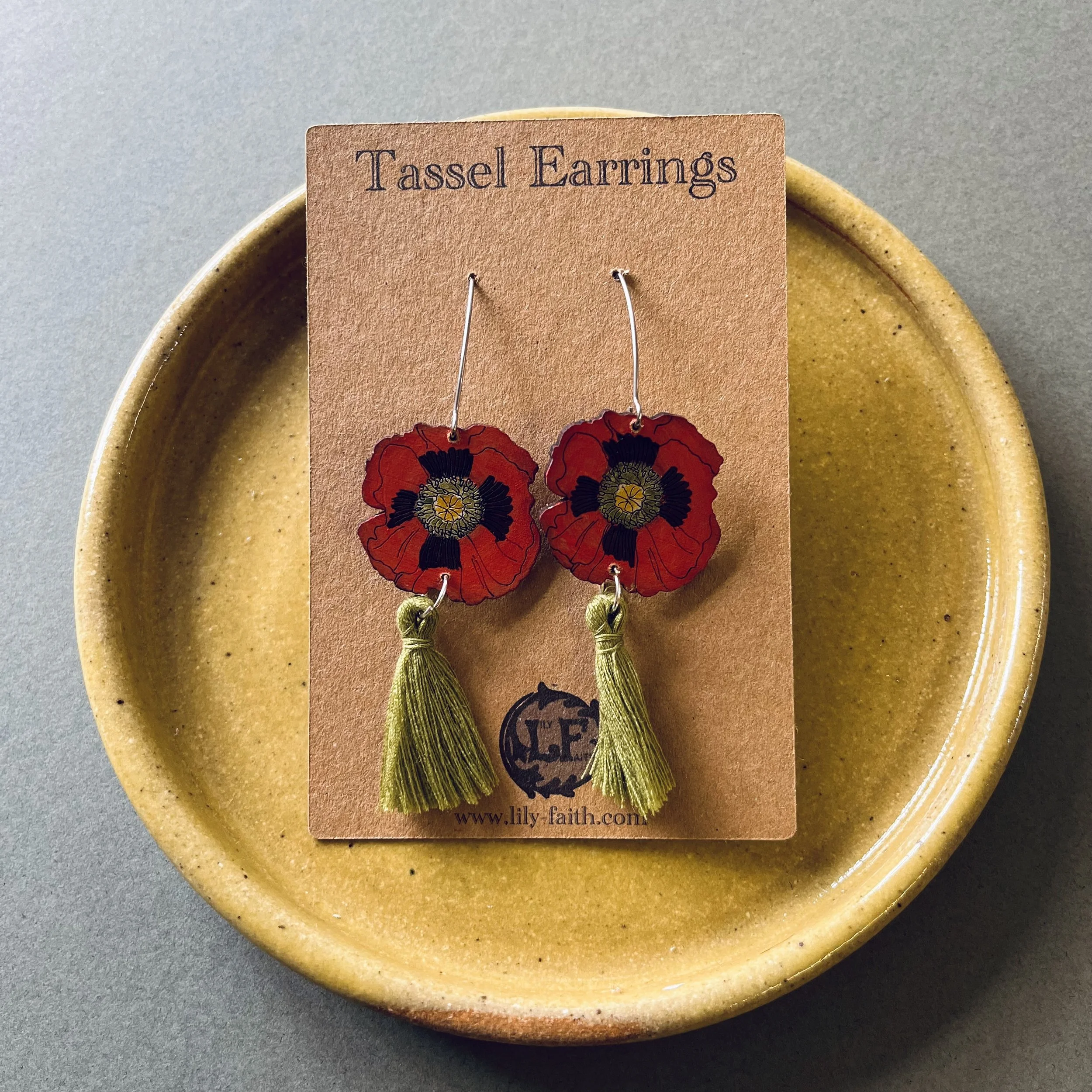 Poppy Tassel Earrings with Olive Green tassels