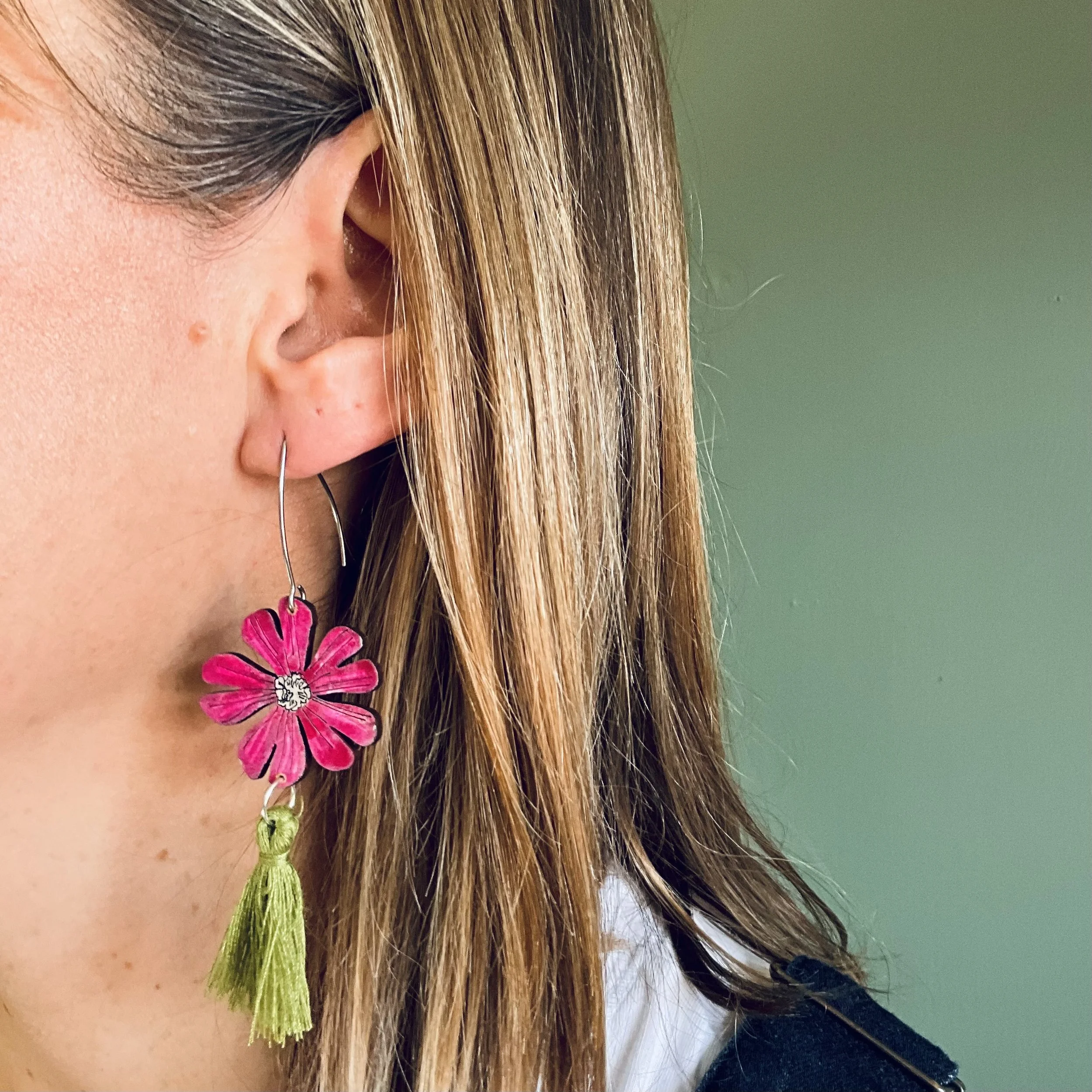 Red Campion Tassel Earrings with olive tassels