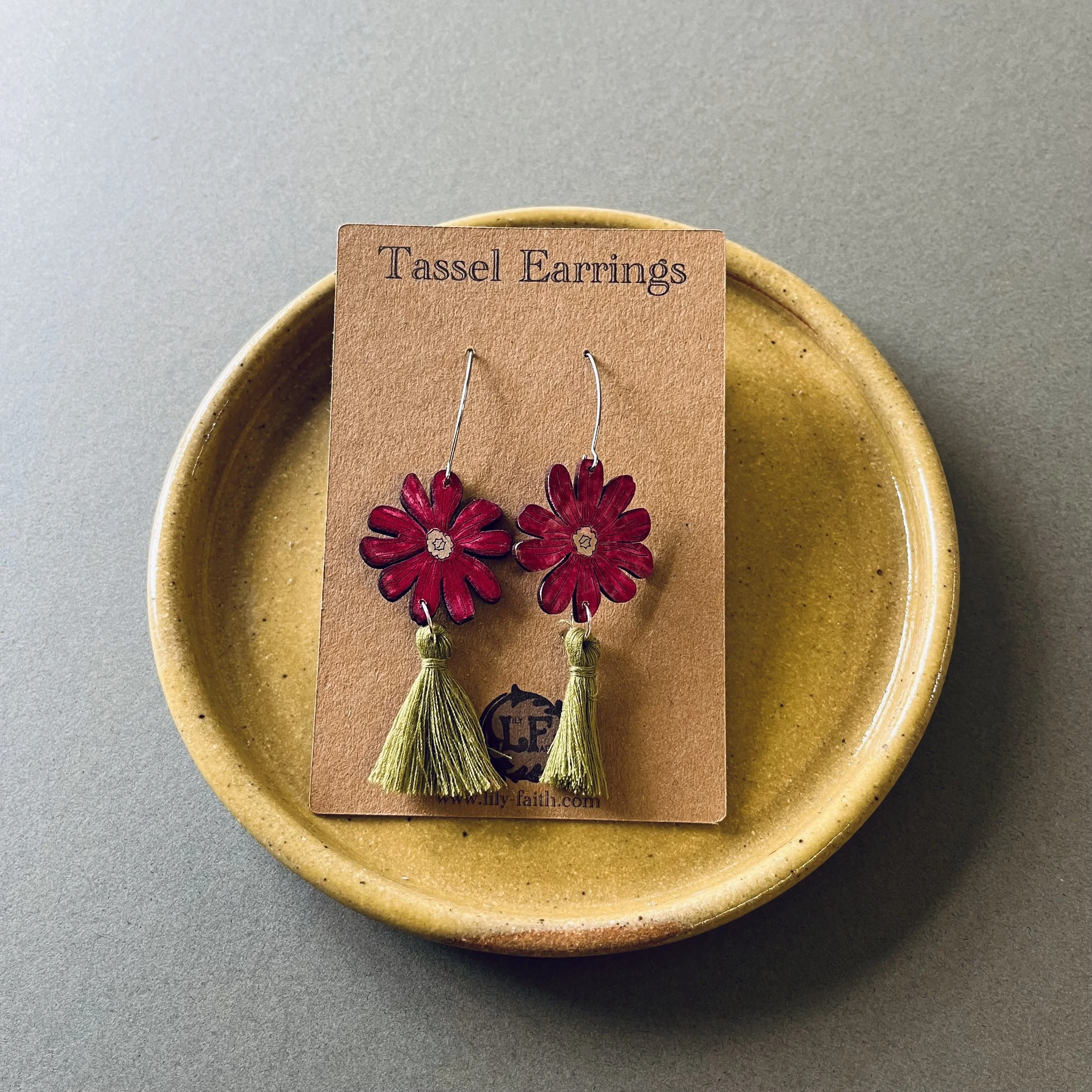 Red Campion Tassel Earrings with olive tassels