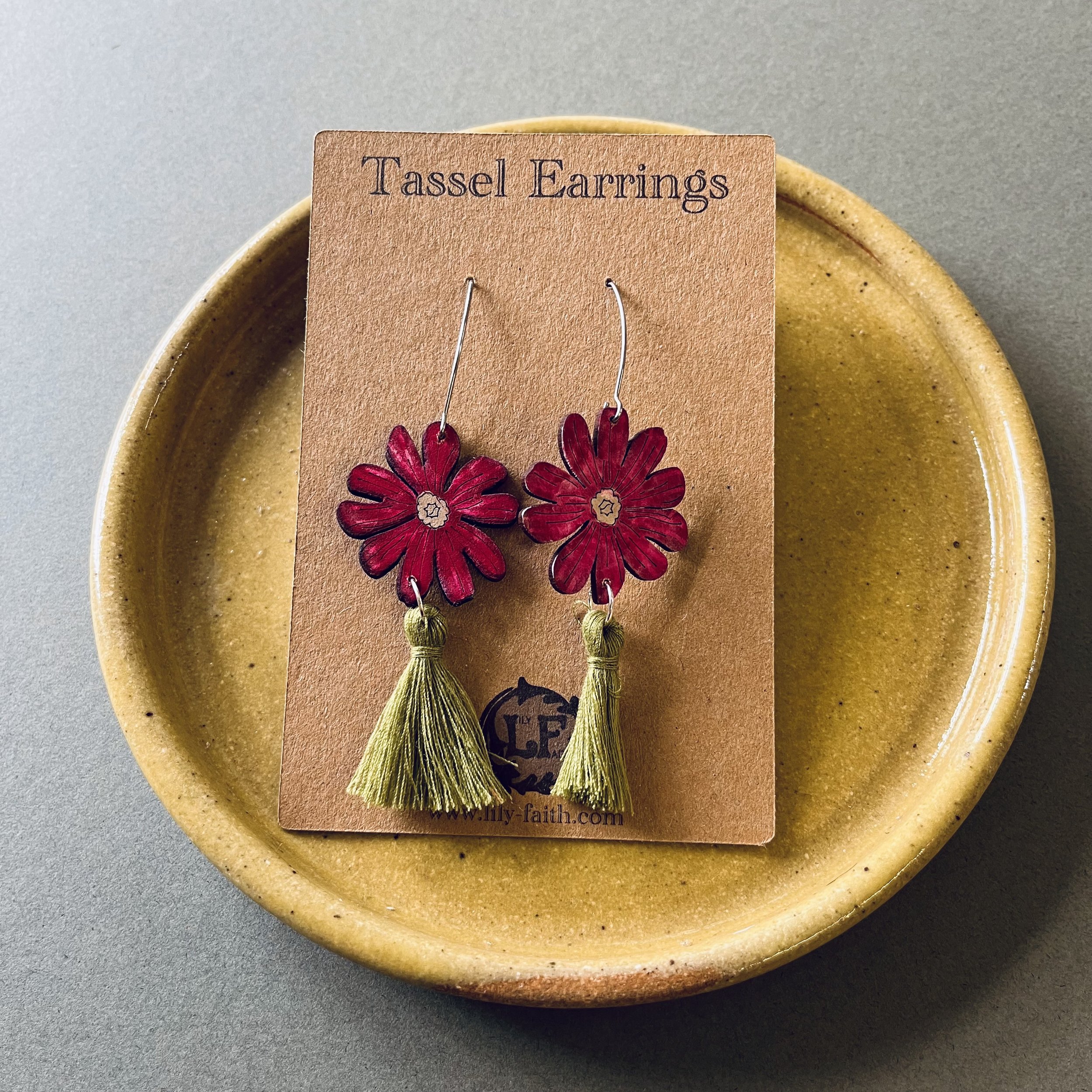 Red Campion Tassel Earrings with olive tassels