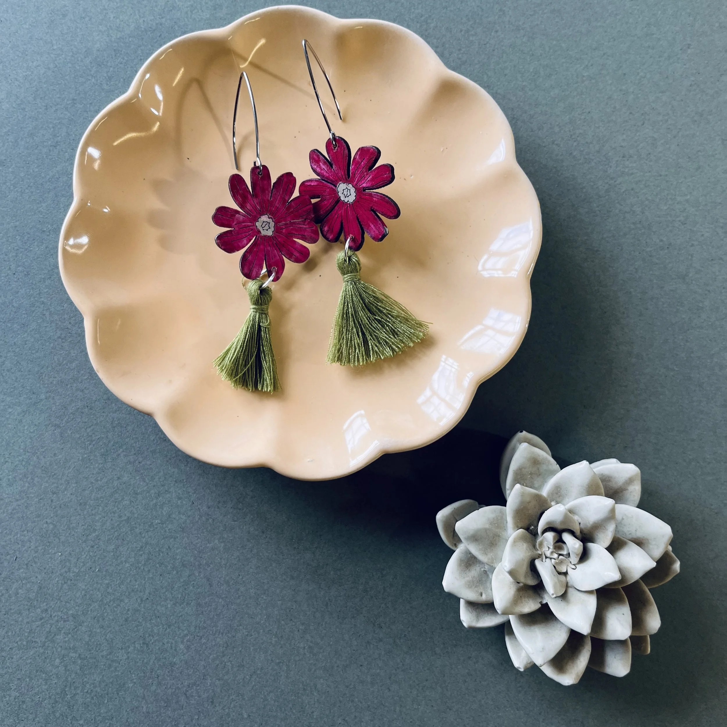 Red Campion Tassel Earrings with olive tassels