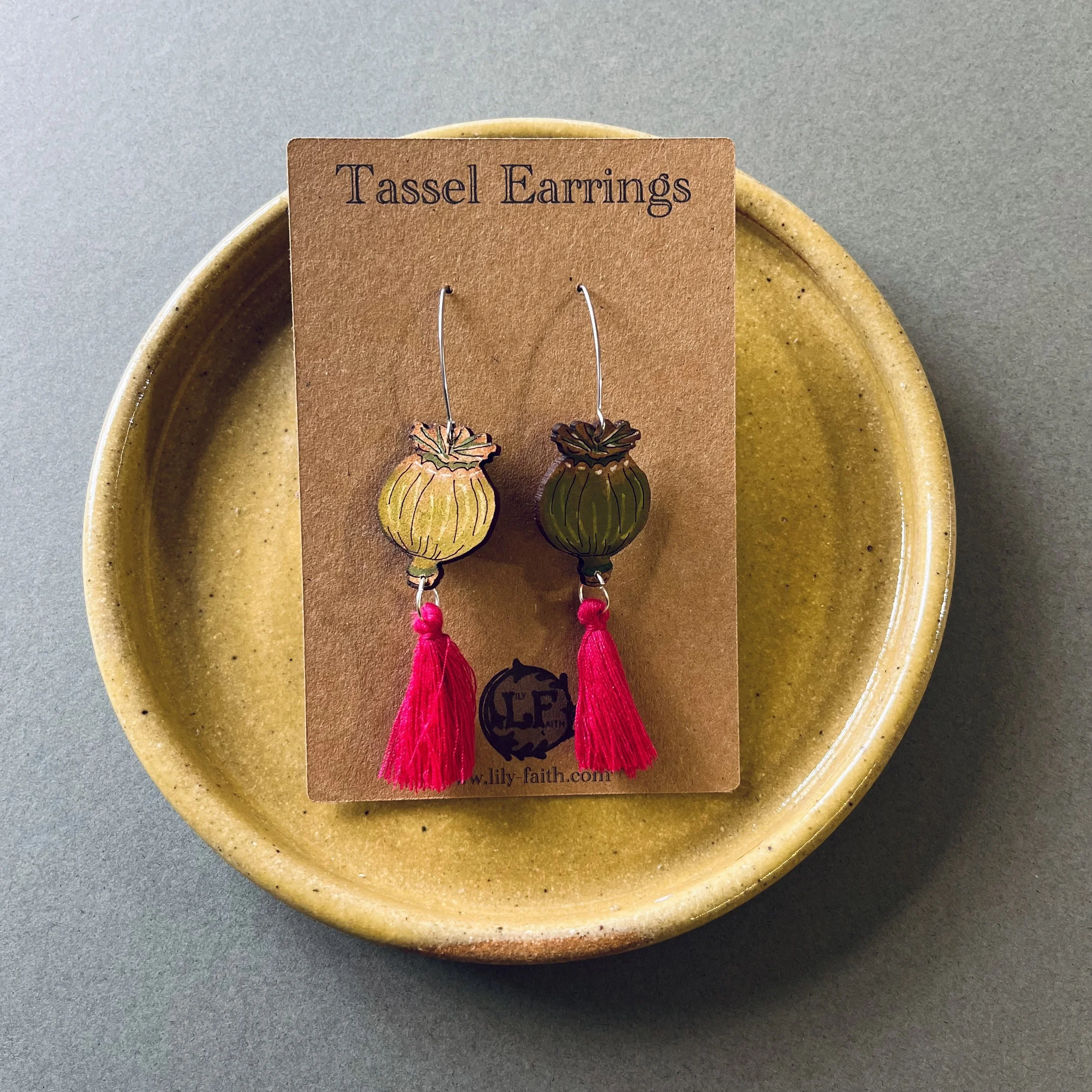 Poppy Head Earrings with hot pink tassels