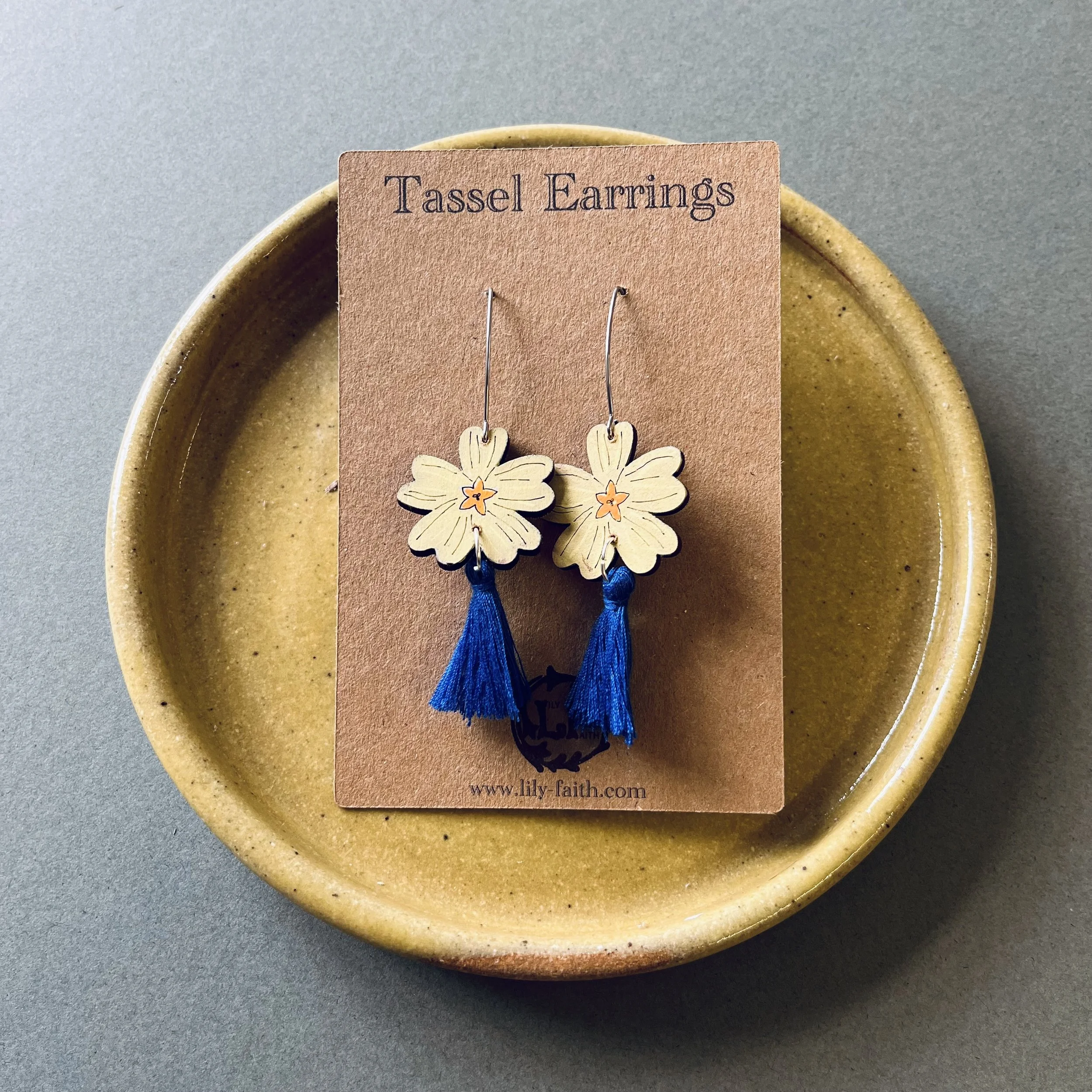 Primrose Tassel Earrings with a Cobalt Blue tassel