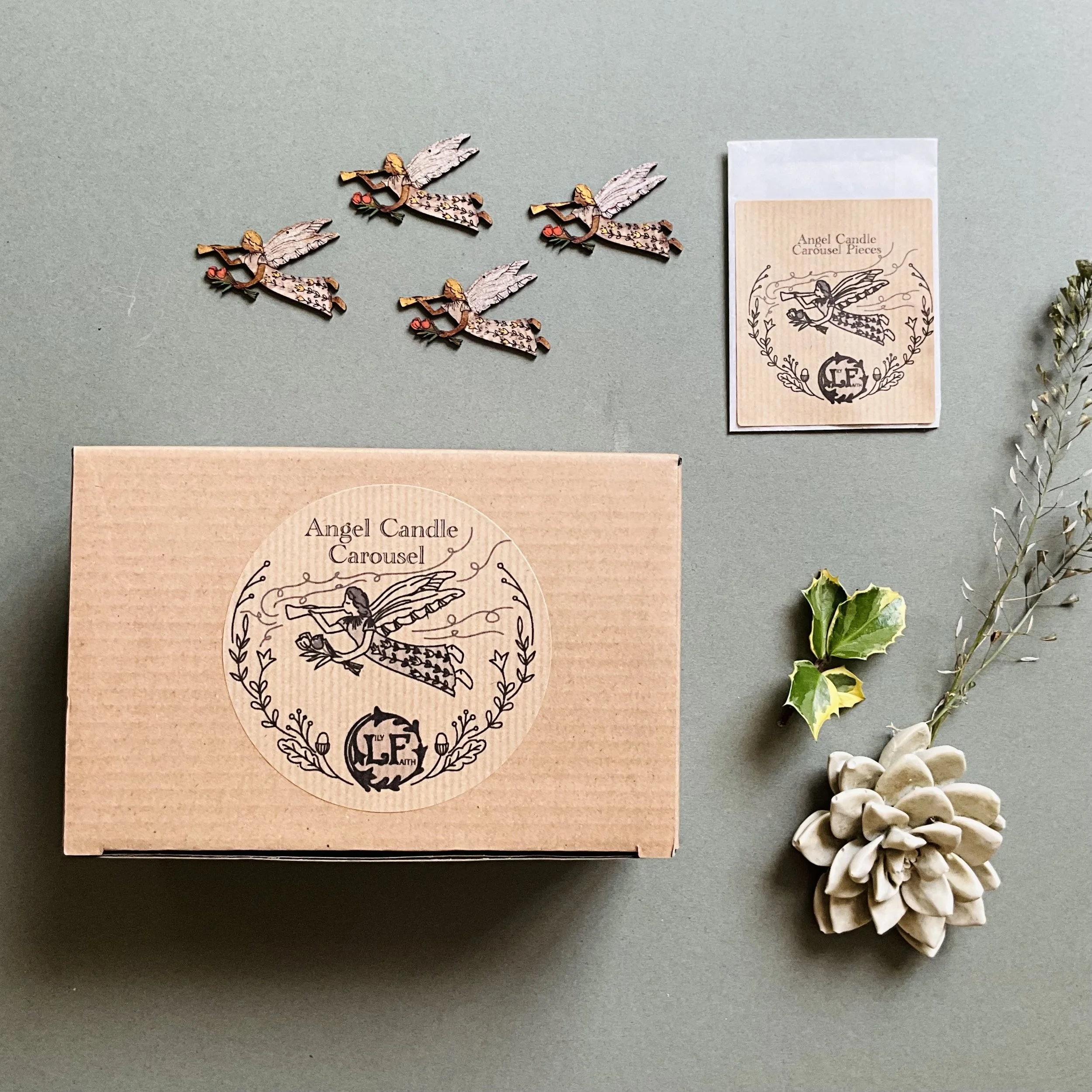 The Lily Faith Angel Candle carousel is presented in a Kraft box, with a snug foam insert to house all the pieces safely. Labelled with Lily’s hand drawn illustrations and printed on recycled paper.