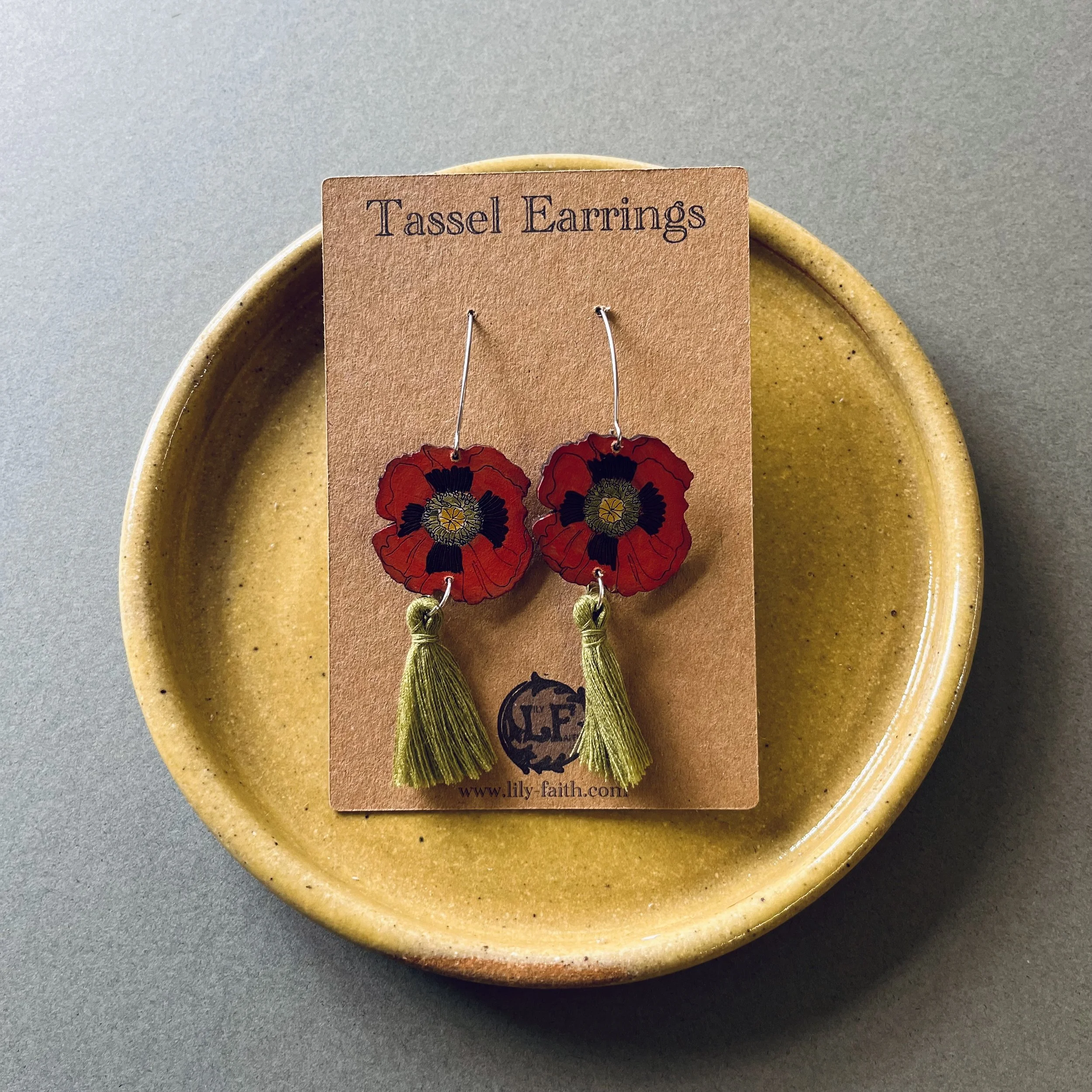 Poppy Tassel Earrings with Olive Green tassels