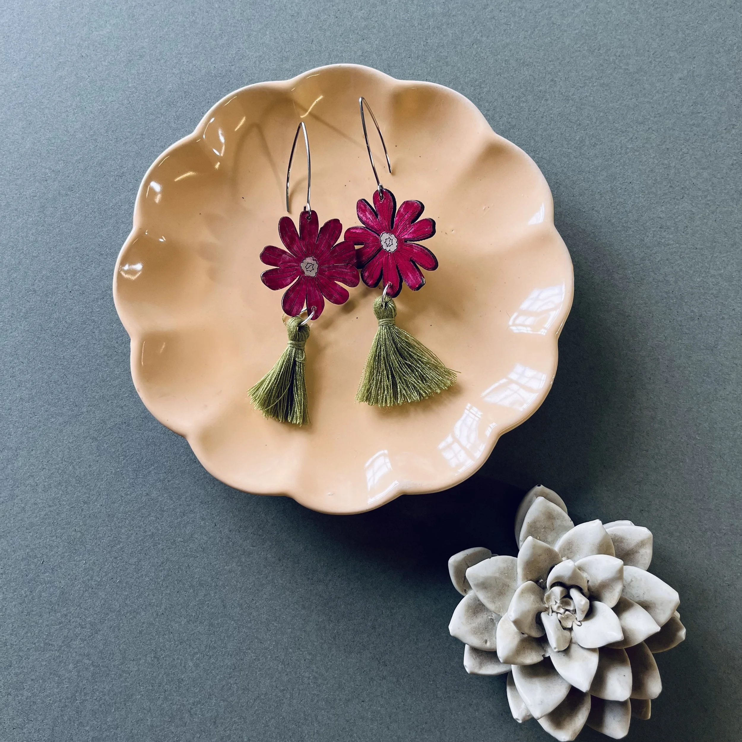 Red Campion Tassel Earrings with olive tassels