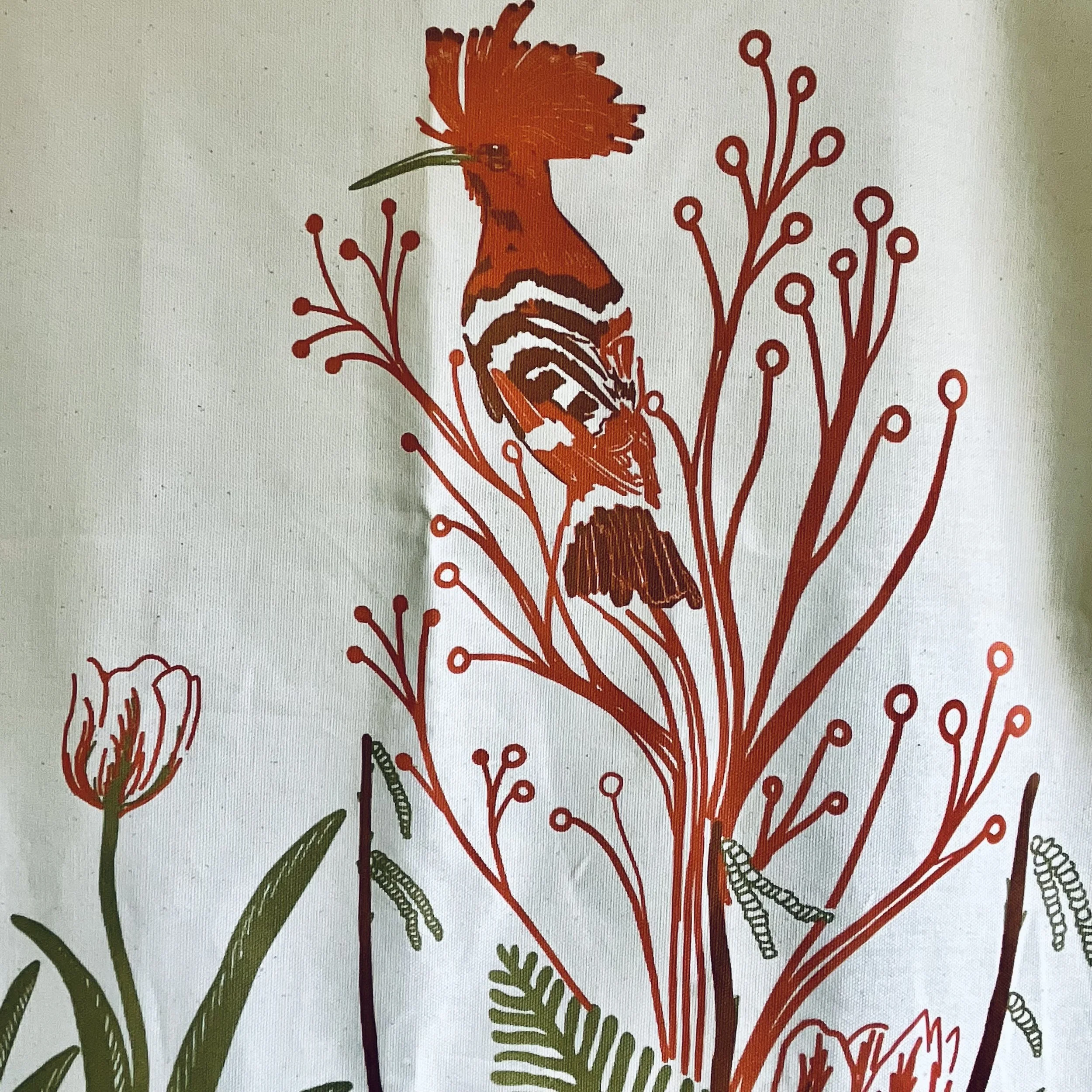 Lily Faith Tulips and a Hoopoe tea Towel, our latest foray into homewares, a close up on the Hoopoe, one of Lily's favourite birds to spot at her second home in Catalonia