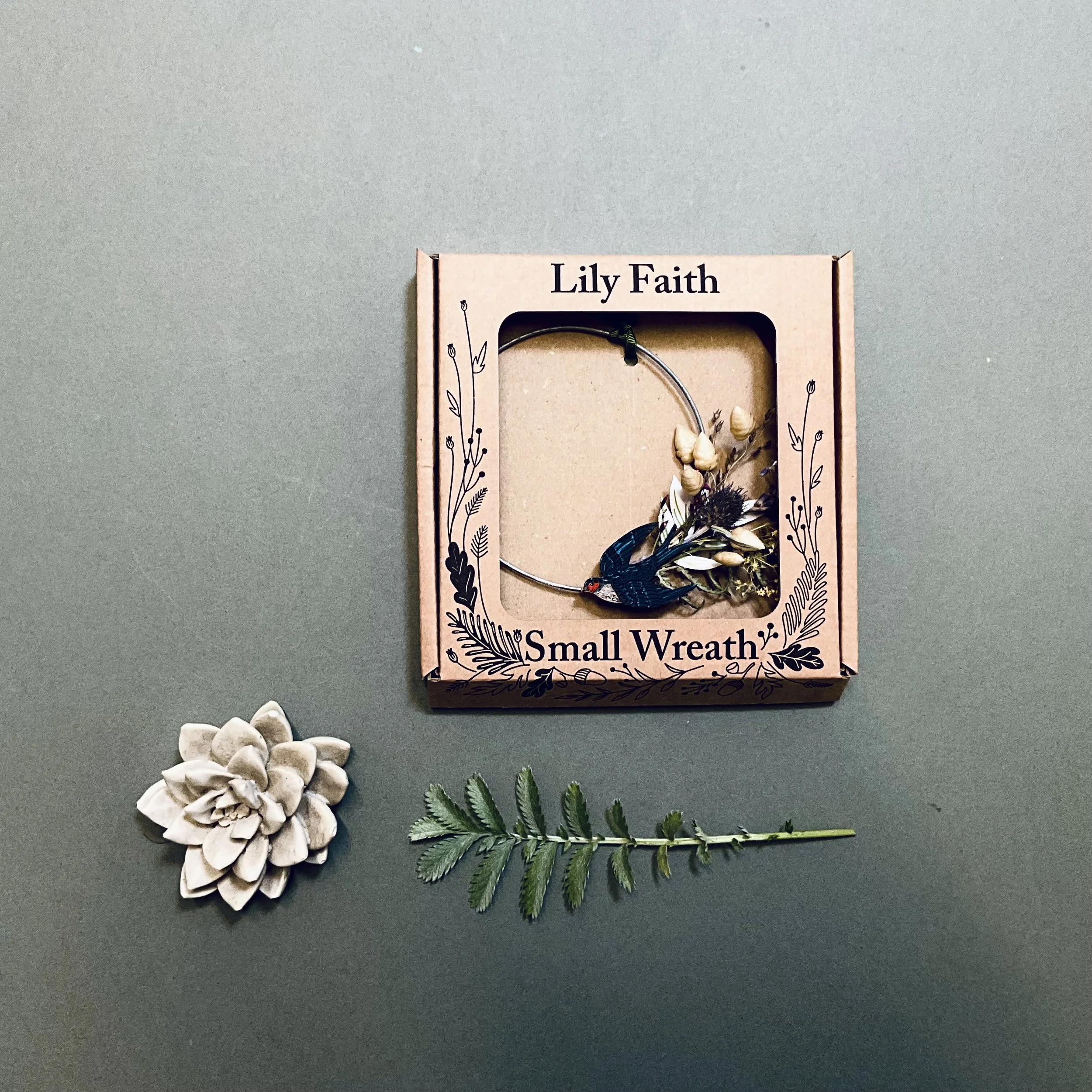 Lily Faith swallow small dried foliage wreath