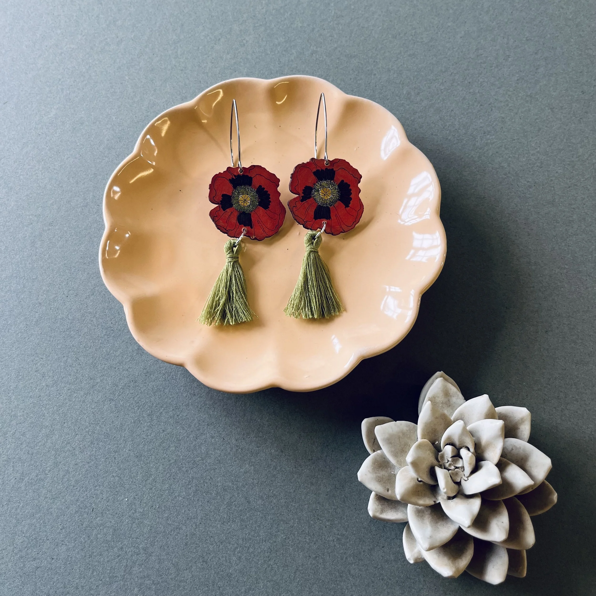 Poppy Tassel Earrings with Olive Green tassels