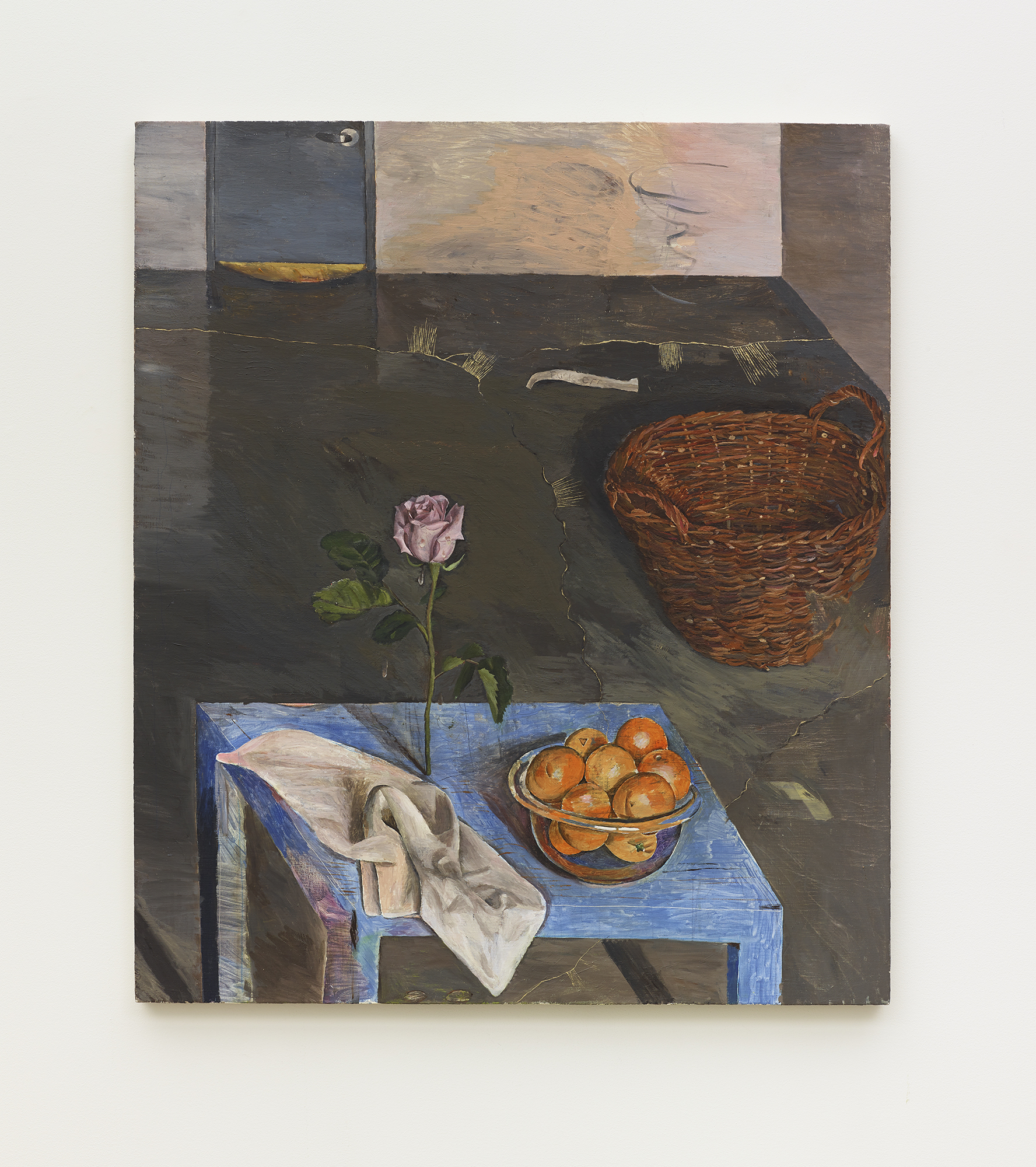 “Blue Table with Basket and Bowl of Oranges”, oil on linen, 2017-18, 42”x 36”