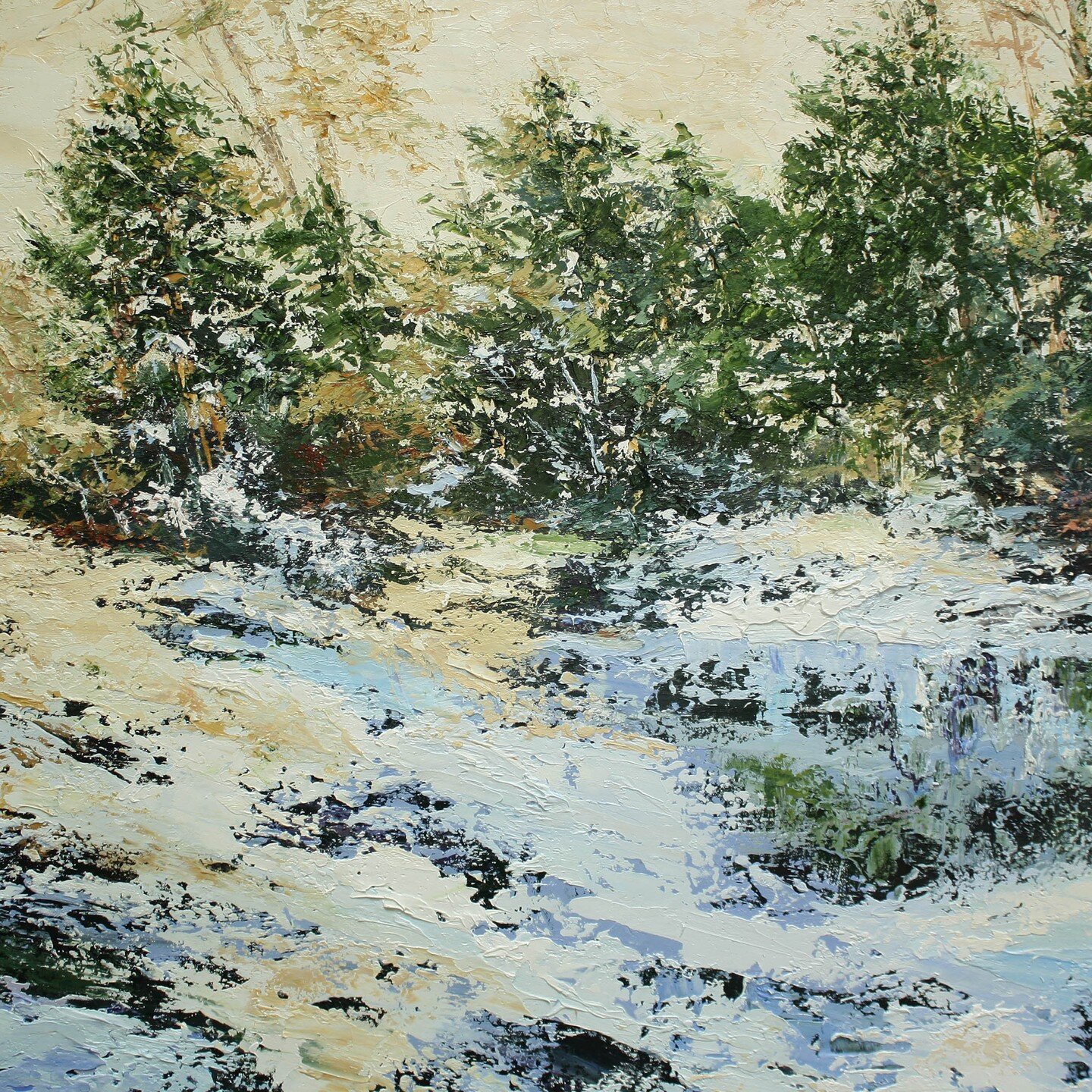 Winter is finally here. &quot;Season's Voices&quot; welcomes the coming snow. This oil painting is now on display at the Gallery At Flat Rock. #contemporaryrealism #westernnorthcarolina #tactilerealism #landscapes
#impastooilpainting #katethayer #gal