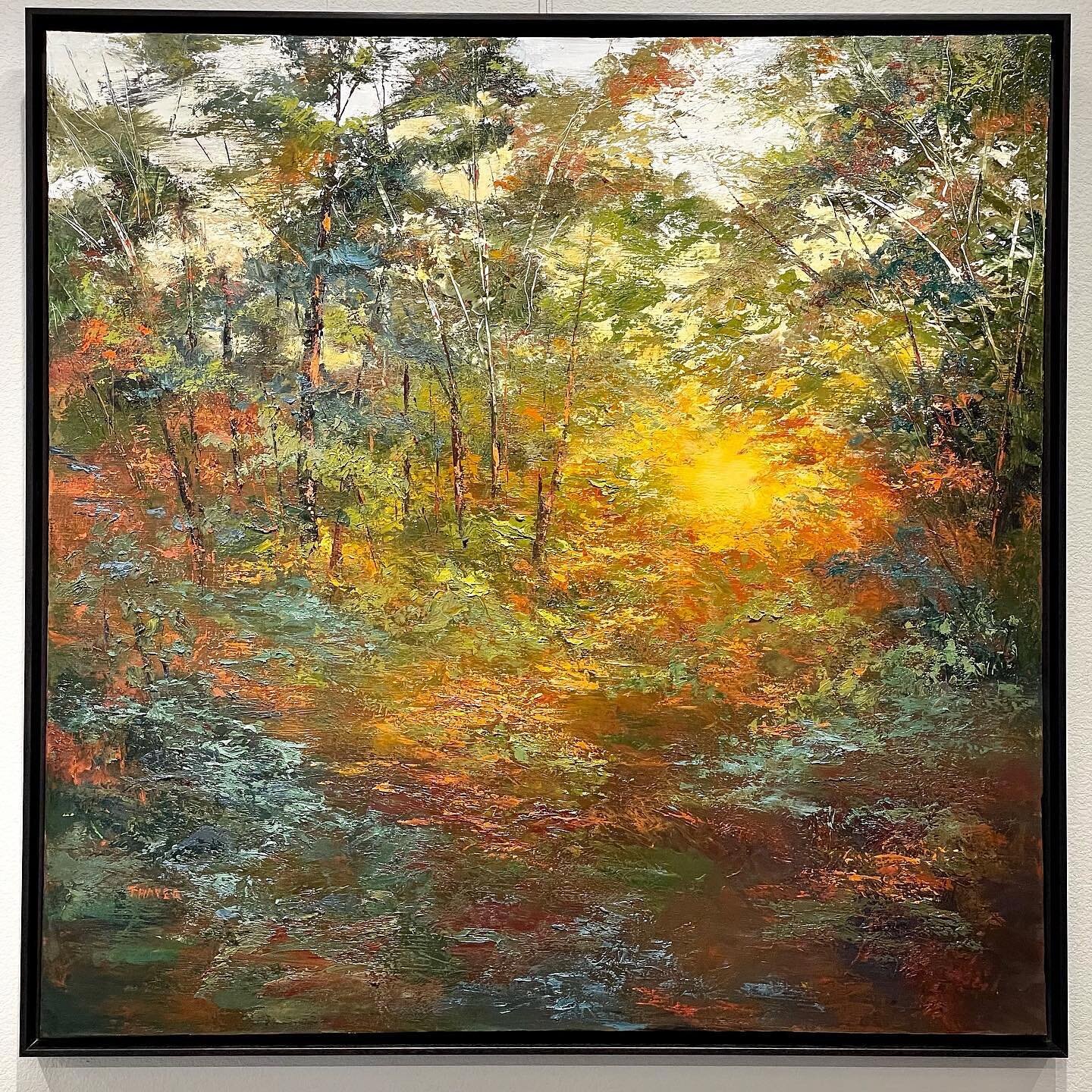 This painting creates all the awe and intrigue you might feel in the forest when the sunlight changes the atmosphere and somehow a deeper mystery emerges with the slanting shadows and golden glow. Titled &ldquo;Life Giving,&rdquo; this is Kate Thayer