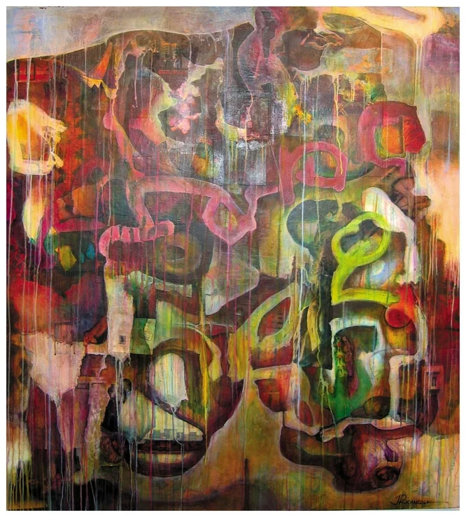 Behind the Eyes of an Unusual Bird, 2000 acrylic and collage on canvas mounted onto wood panel 36"x65"x3"