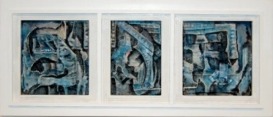 Blues, Hollers & Ragtime, 2007 acrylic on collaged denim, framed 10"x23"