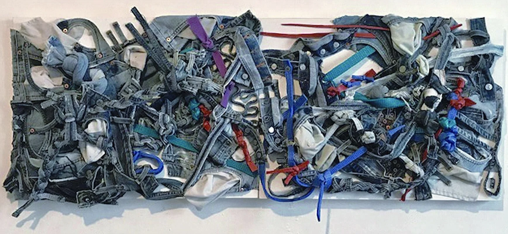 Greetings From My Cancer Vacation, 2016-17 denim pieces and yoga mat, 23"x48"x5.5" (diptych)