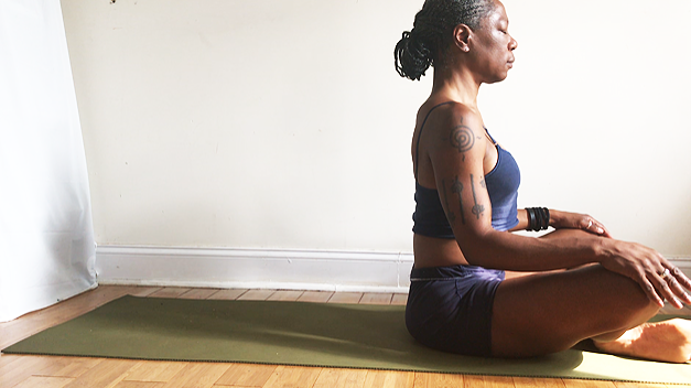 sukhasana. (easy seat pose): shins crossed, tall spine, shoulders down