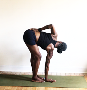 bend same knee as hand on floor. twist & turn chest.