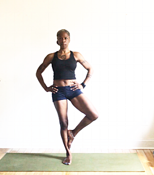 vrksasana. (tree pose variation): foot to inner calf.