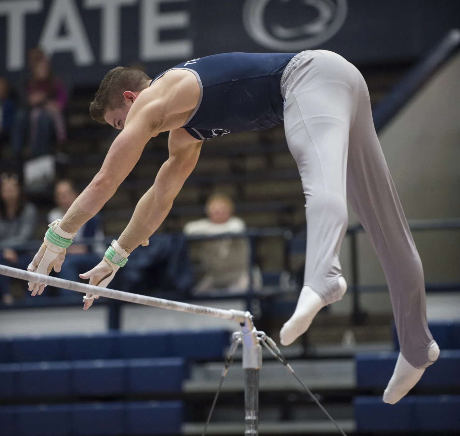 Penn State's Alex Thomason performs on the high bar during the men's gymnastics meet against Army in Rec Hall on Saturday, Jan. 20, 2018. Penn State defeated Army 407.600 - 384.100.