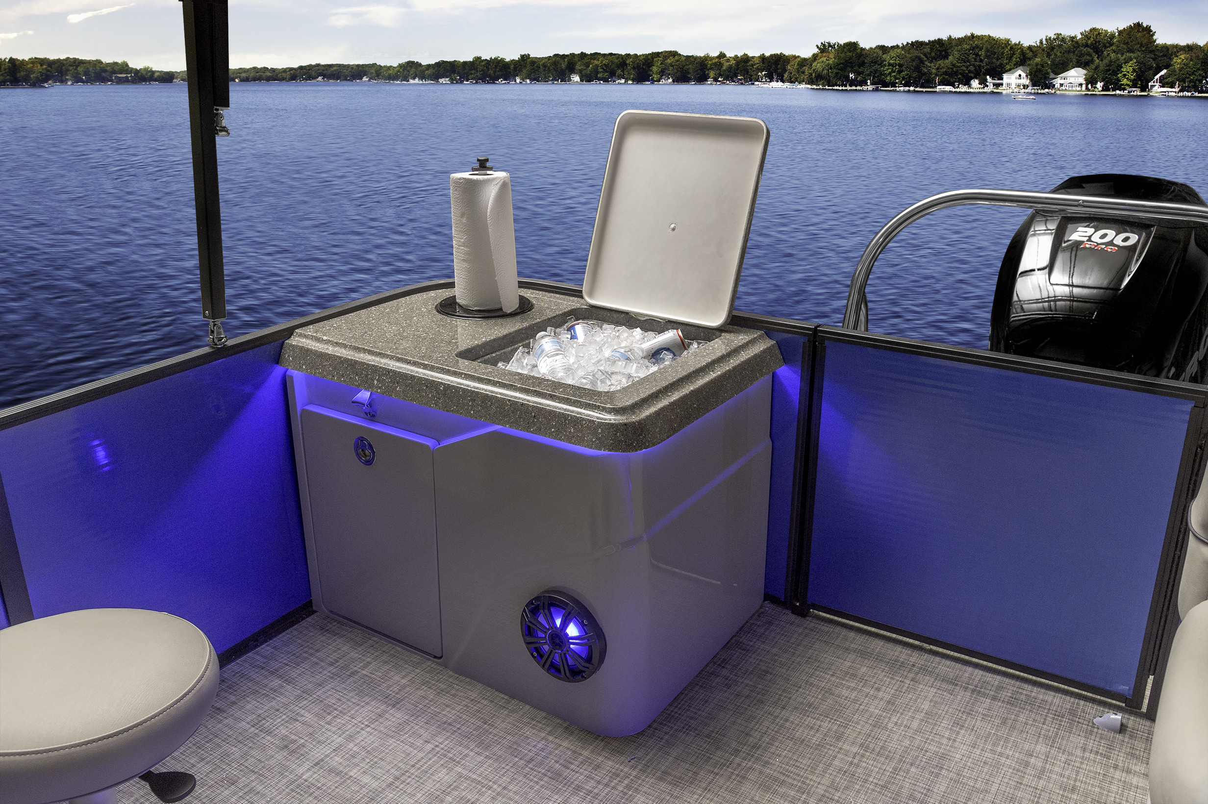 At the rear of the bar boat sits a special storage unit. This unit features a insulated cooler, 10" speaker, tip out trash can, bottle opener and reversible towel holder. 