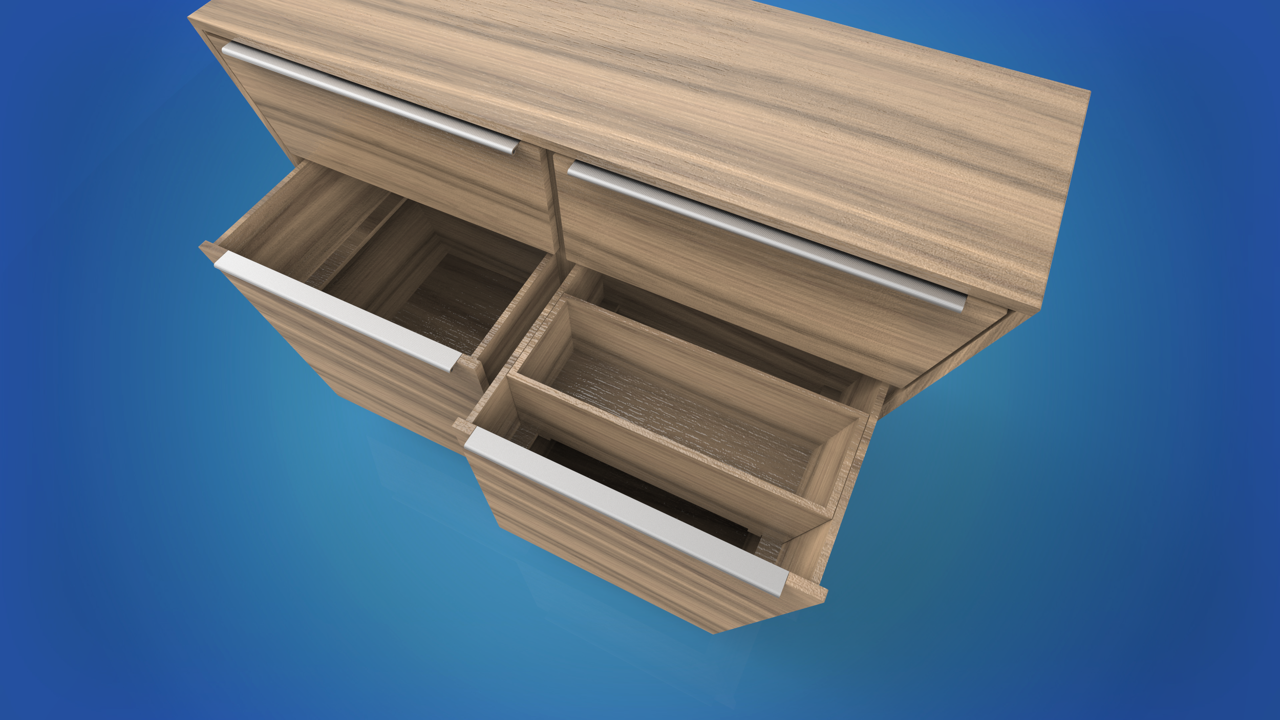 The deeper lower drawers are divide by a adjustable inner shelf. This division keeps things neat and useful items handy. 