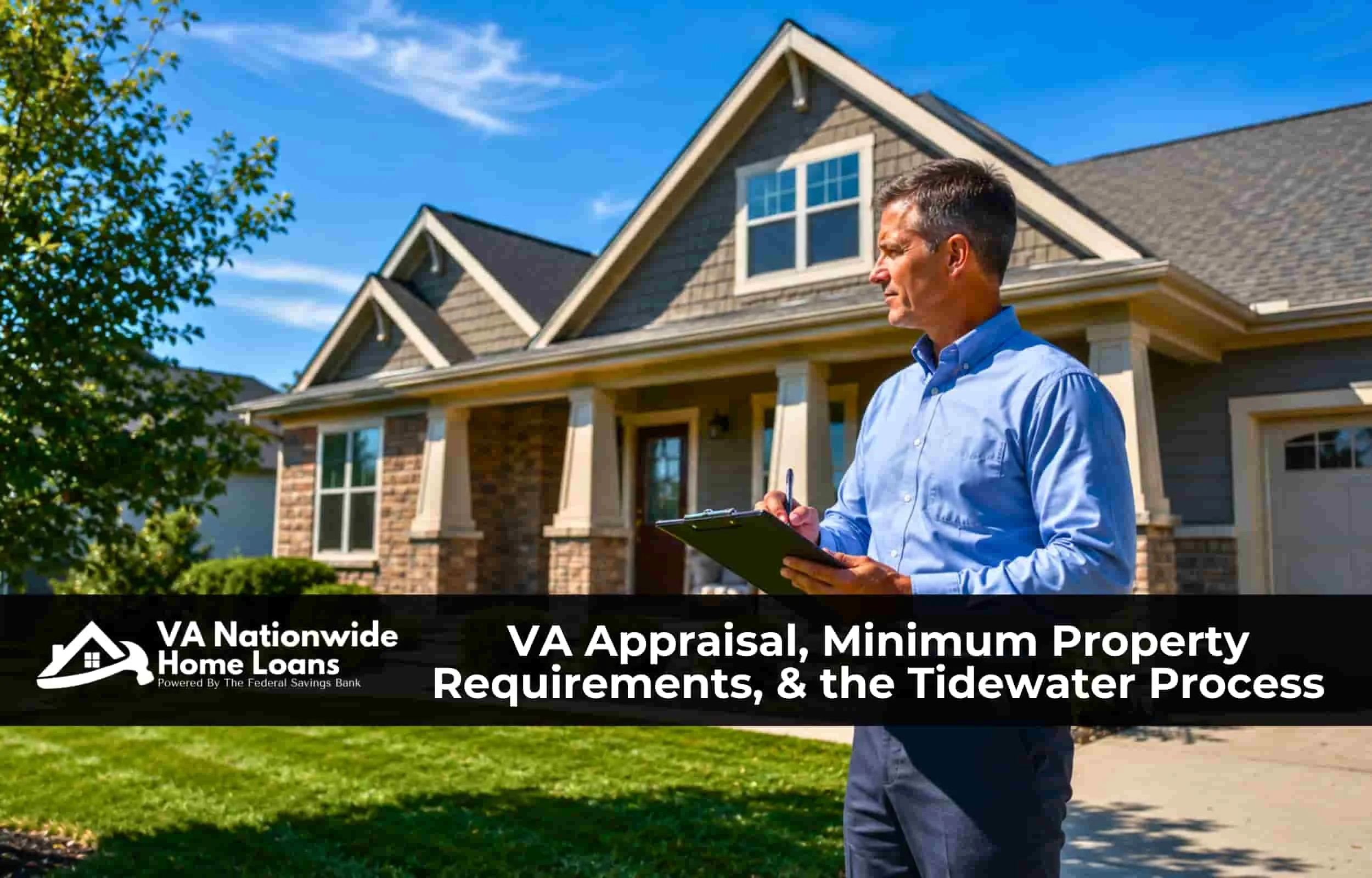 VA-approved appraiser measuring the exterior of a brick ranch home during a property inspection in natural daylight, illustrating the VA Nationwide Home Loans coverage of the VA appraisal process, Minimum Property Requirements
