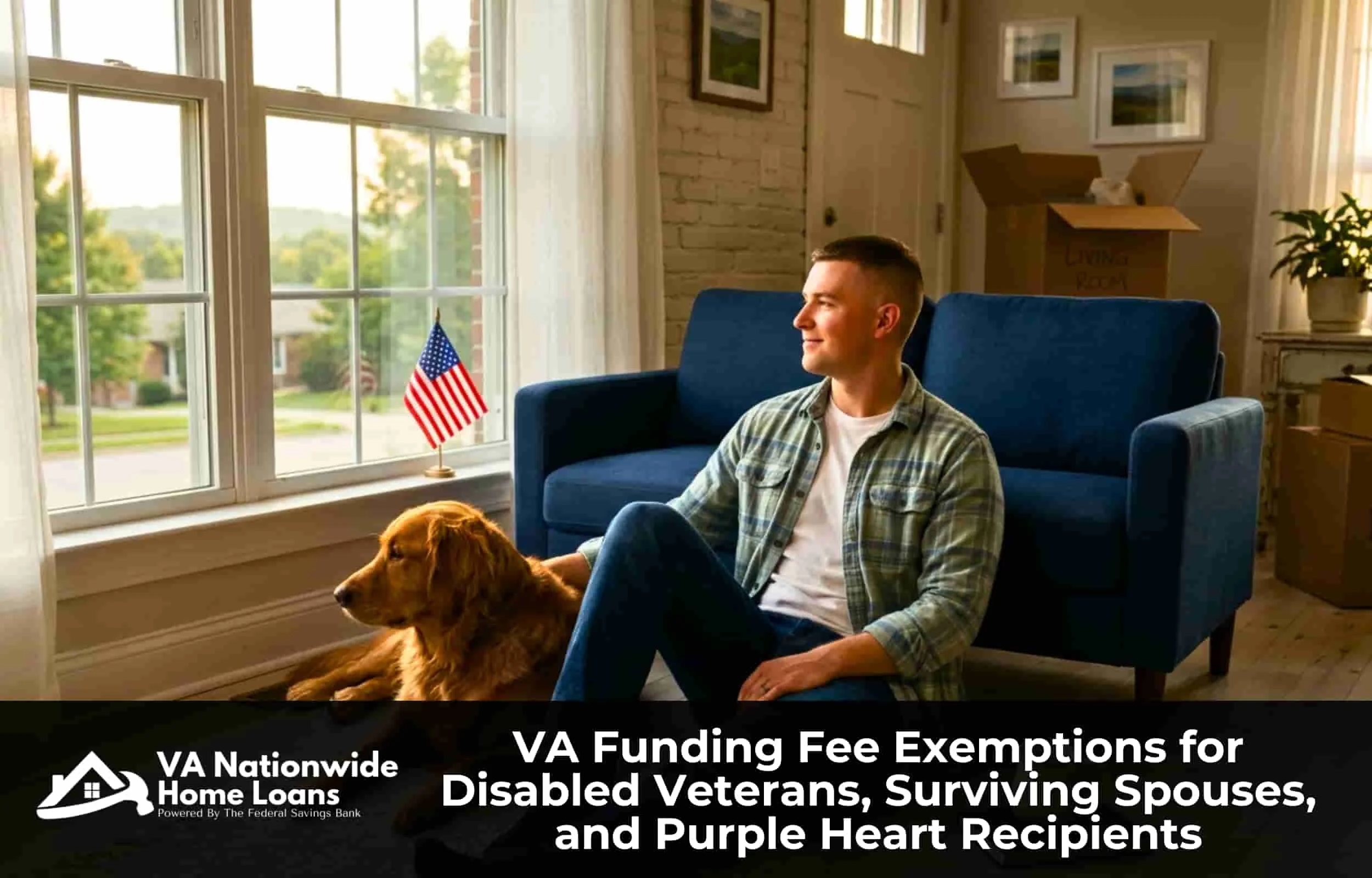 A Veteran with his golden retriever service dog sitting in a living room of his new home funded by VA Nationwide Home Loans after receiving a full funding fee exemption due to service disability.