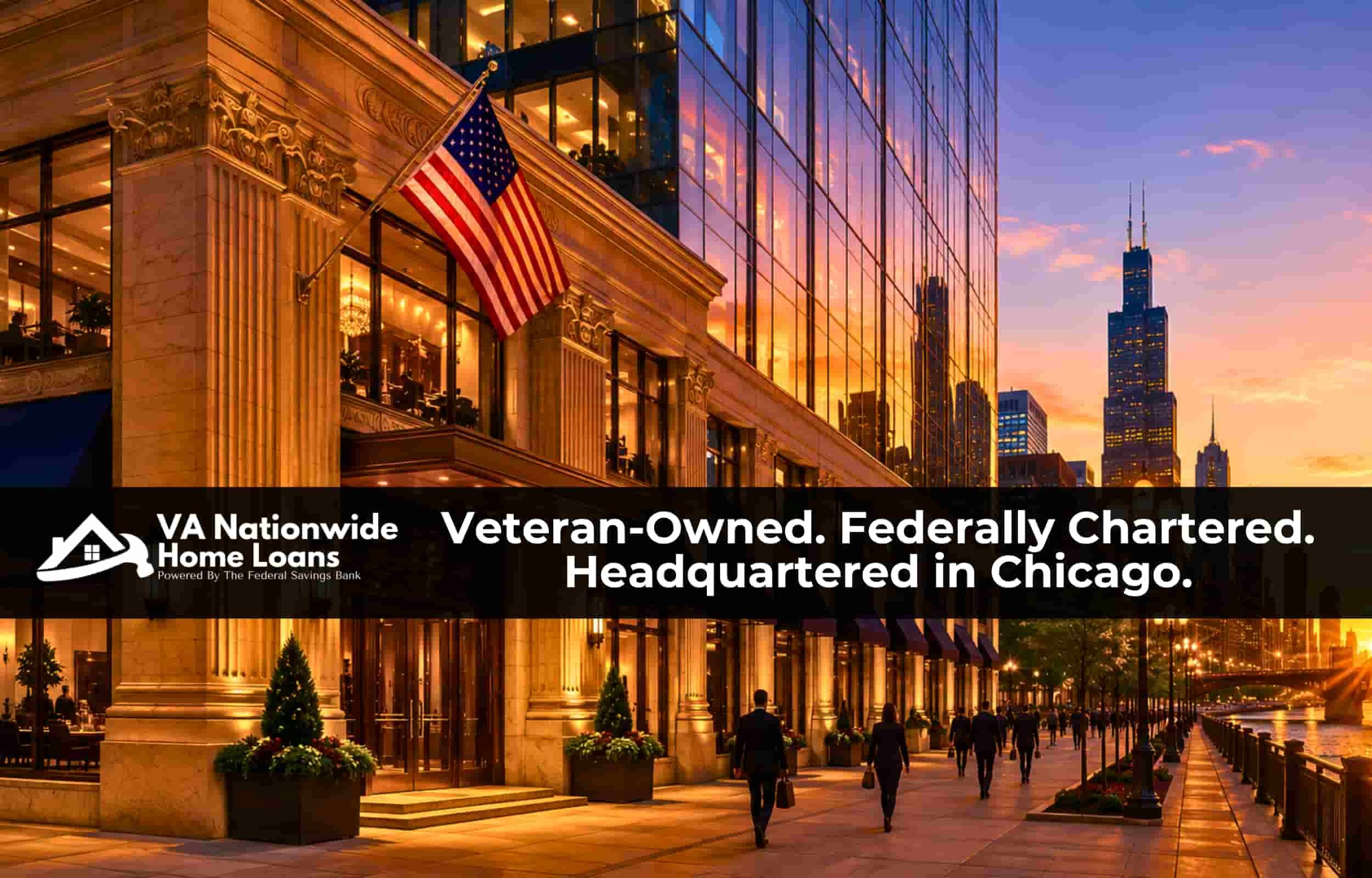 Stately downtown Chicago bank headquarters with honey-toned limestone facade and modern glass tower catching golden hour light against the Chicago skyline, illustrating the federally chartered veteran-owned institution headquartered in Chicago