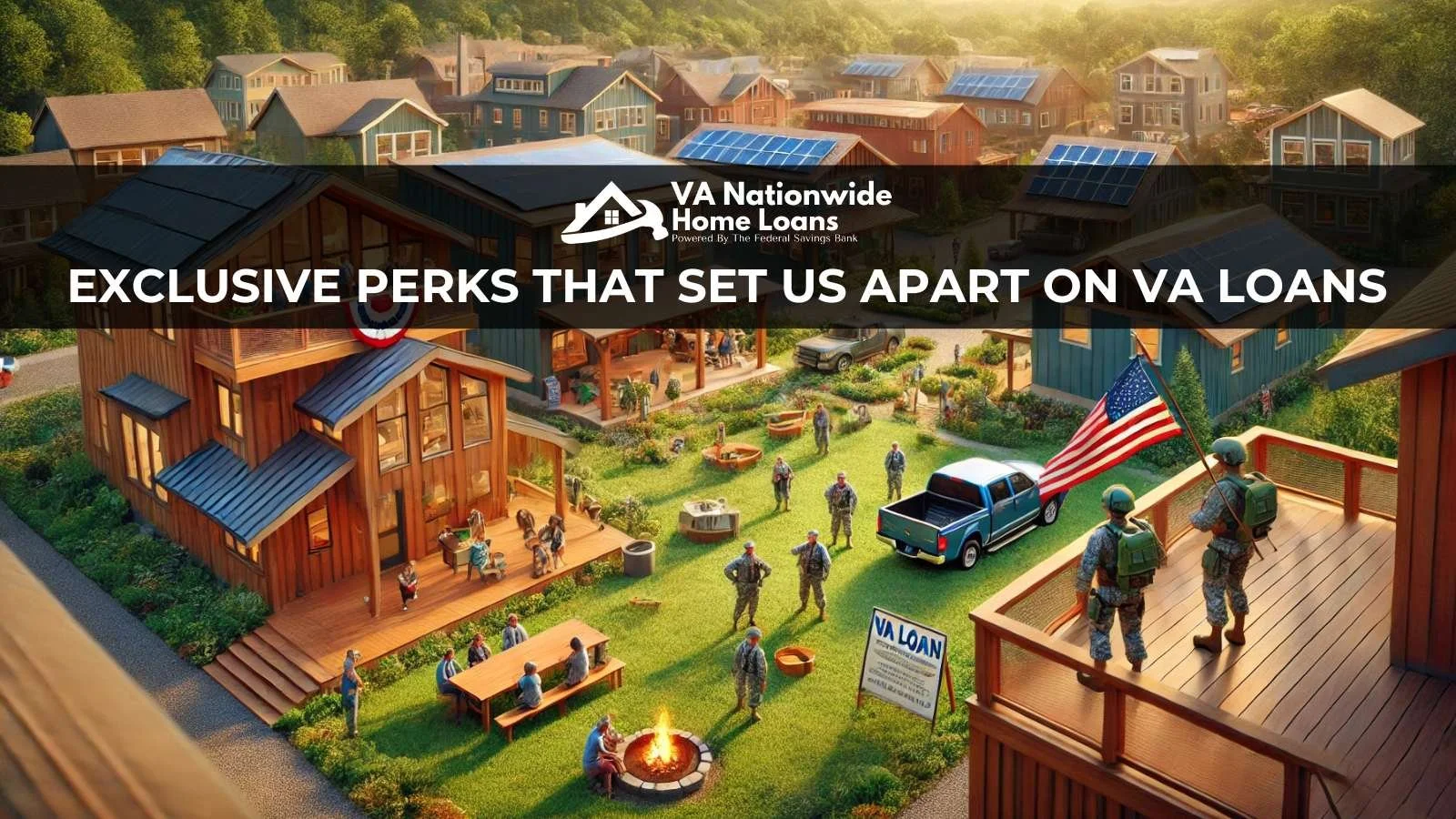 Exclusive Perks for Veterans Looking to Buy A Home With A VA Loan, a beautiful community of new homes for sale with Veterans applying and meeting up in the landscaped common areas with VANationwide.com