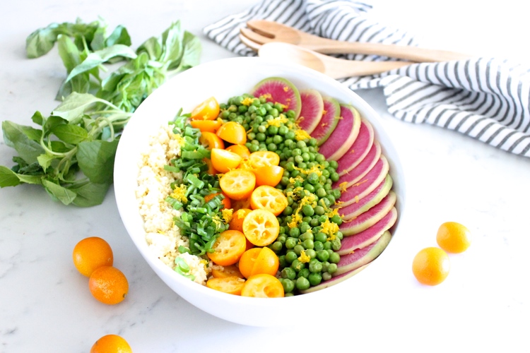 Spring Chop Salad with kumquats peas basil and watermelon radish by Alavita