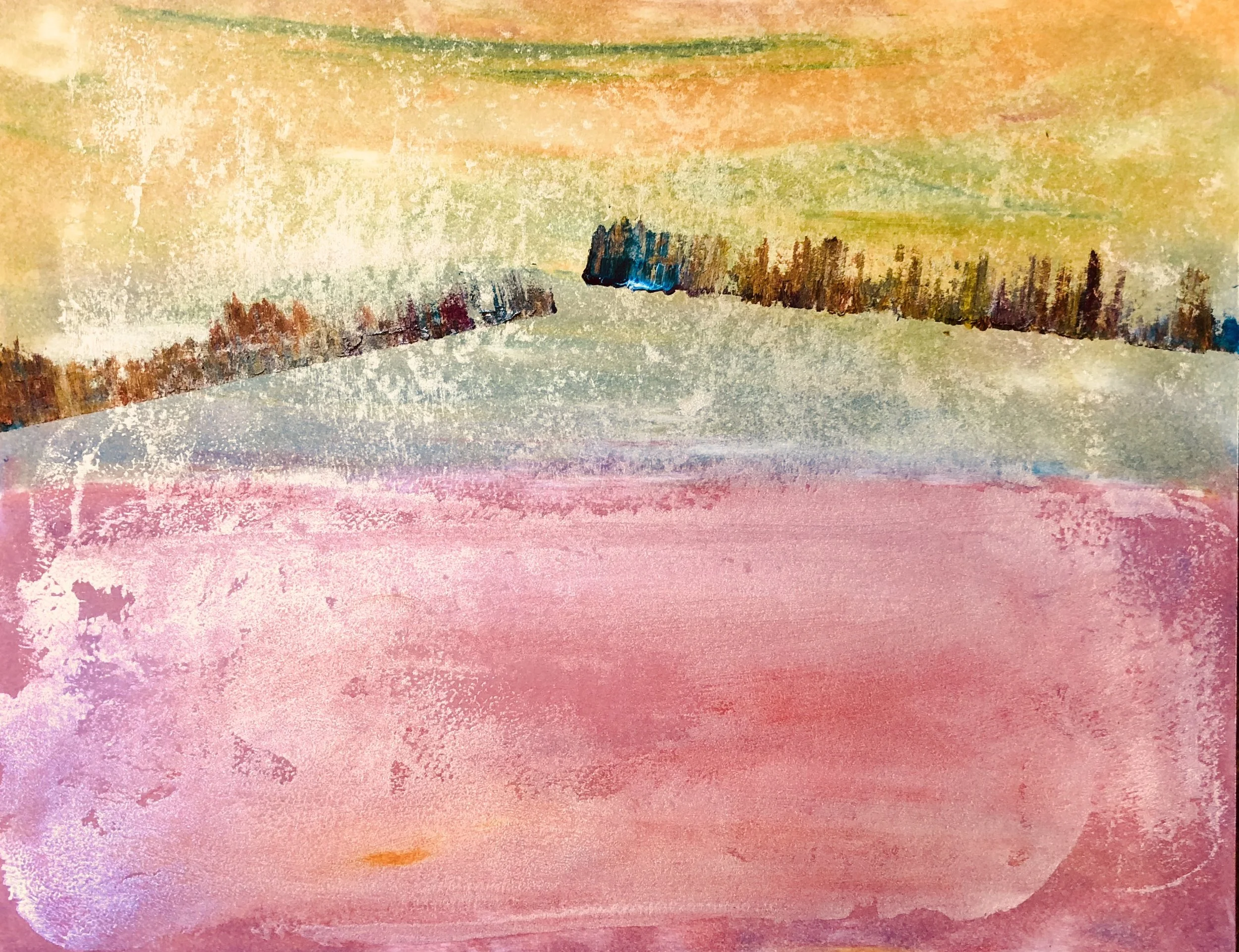 excess paint on the blue steel tool brings me the horizon of trees in a landscape energy flow in the studio ... Vibrations change with the weather as I continue to focus on color, structure and surface response. With the shift to longer daylight hours I find more time to investigate new color interactions and the play between transparent and opaque hues. Sometimes structure is revealed to me as I clean tools: