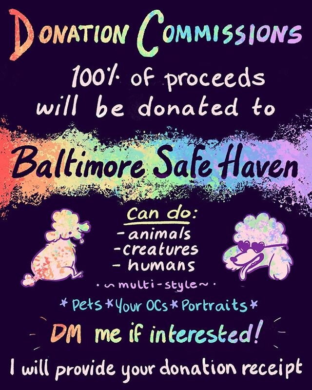 Humans! Excited to open commission slots to fundraise money for Baltimore Safe Haven, an organization that provides crucial help for Transgender folks  in Bmore. Come get yourself some fresh art and support a great cause! I will be accepting funds vi