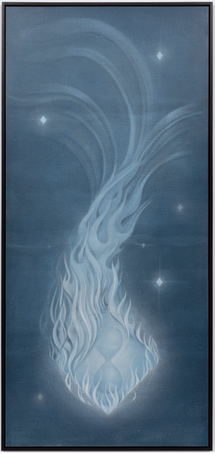  Theodora Allen,  Falling Star (Memento Mori) , 2021 Oil on linen 79 5/8 x 37 3/4 x 2 inches framed Photo: Josh Schaedel 