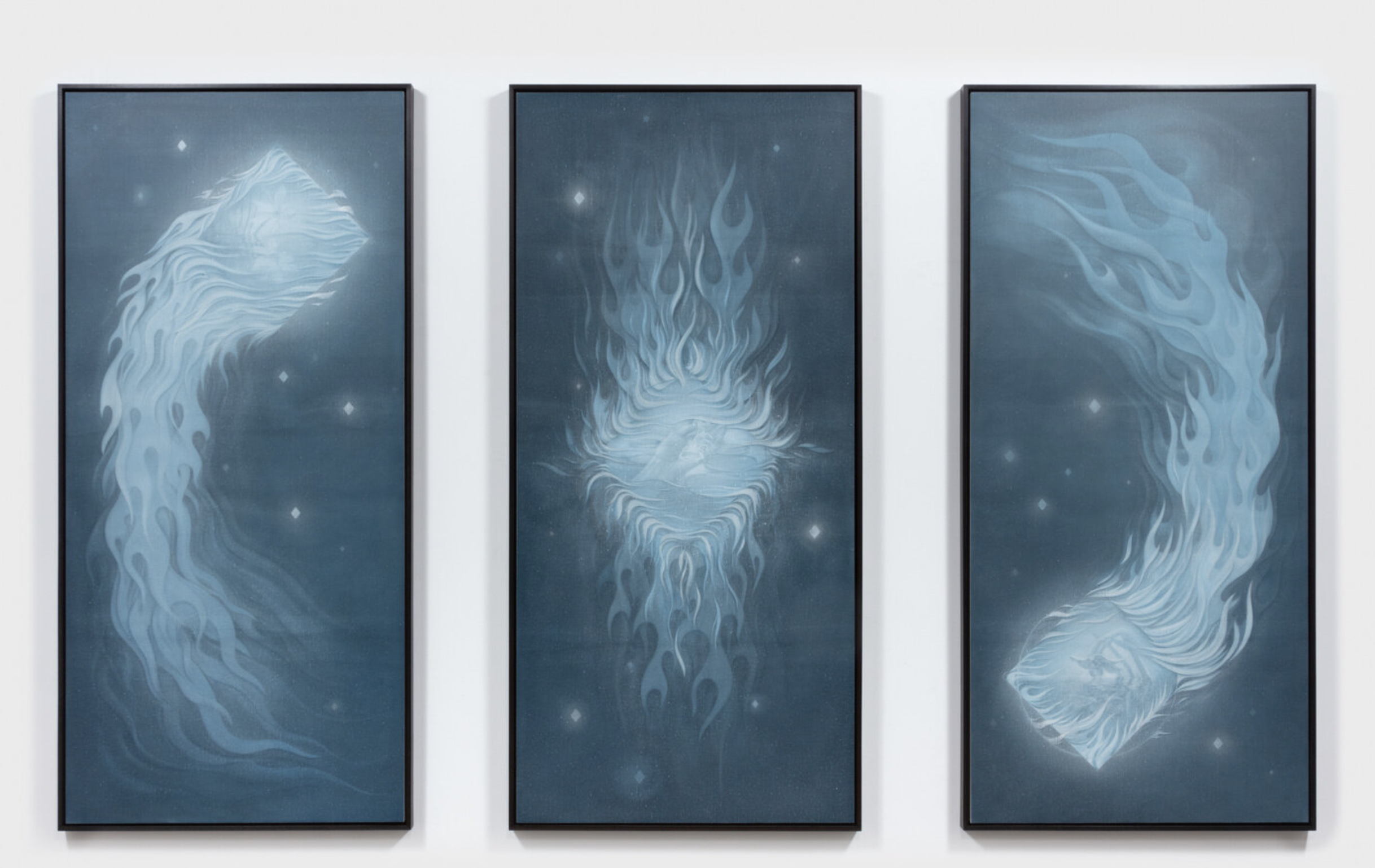  Theodora Allen,  Syzygy (Narcissus) , 2021 Oil on linen 79 5/8 x 37 3/4 x 2 inches each framed Photo: Josh Schaedel 