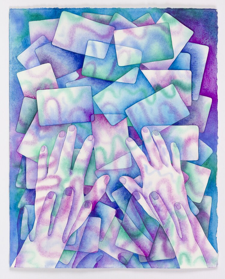 Erika Somogyi, "Hands of Fortune," Watercolor on paper, 14 x 11 inches, 2019.