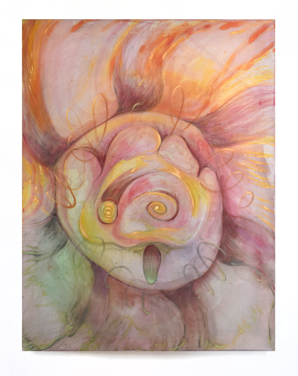 Rebecca Poarch, "Suncatcher, "Oil, watercolor, graphite, and pink Himalayan salt on found fabric 48" x 36", 2022.
