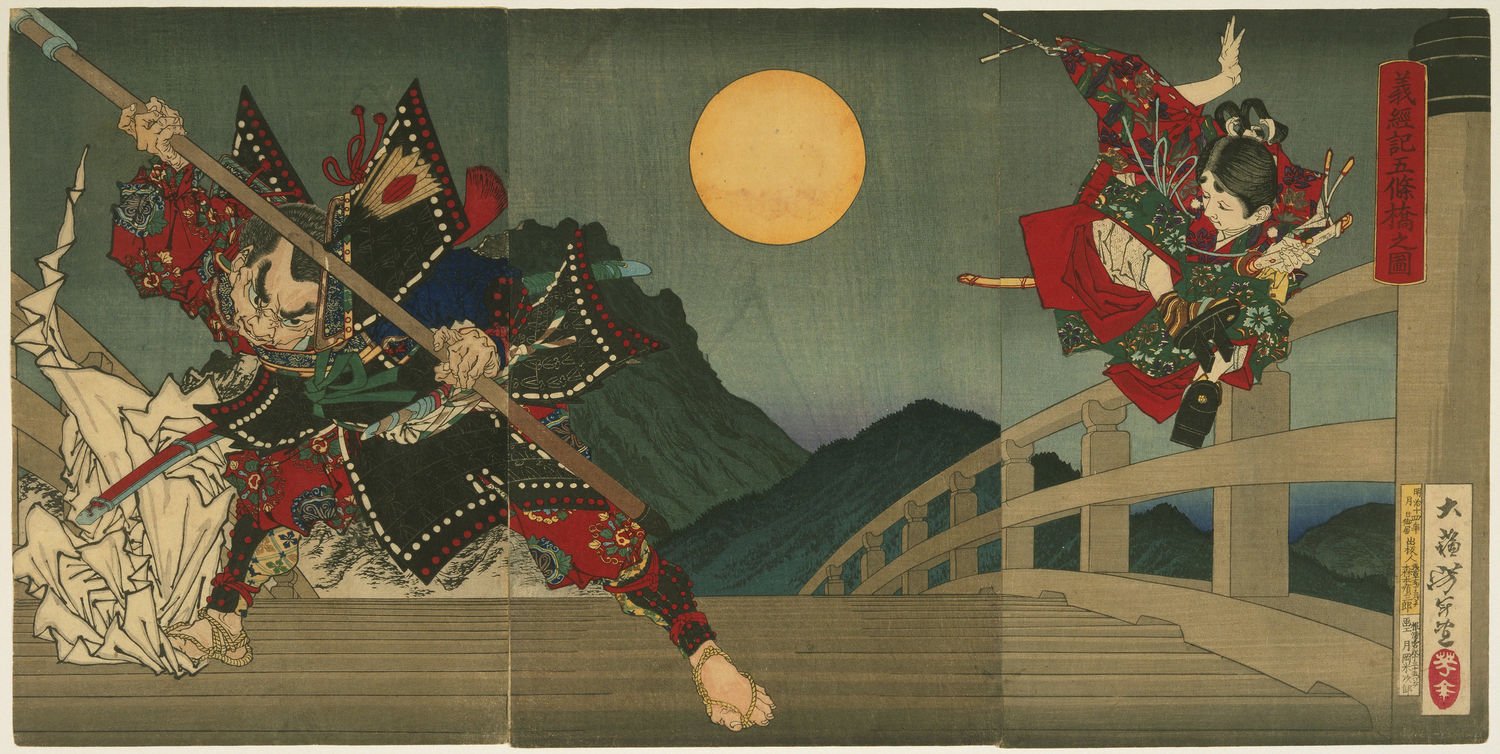 Tsukioka Yoshitoshi,  Ushiwaka and Benkei Dueling on Gojo Bridge  or  Gojo Bridge , from the  Life of Yoshitsune , 1881.  Color woodcut. Sheet: 14 × 27 15/16 in. 