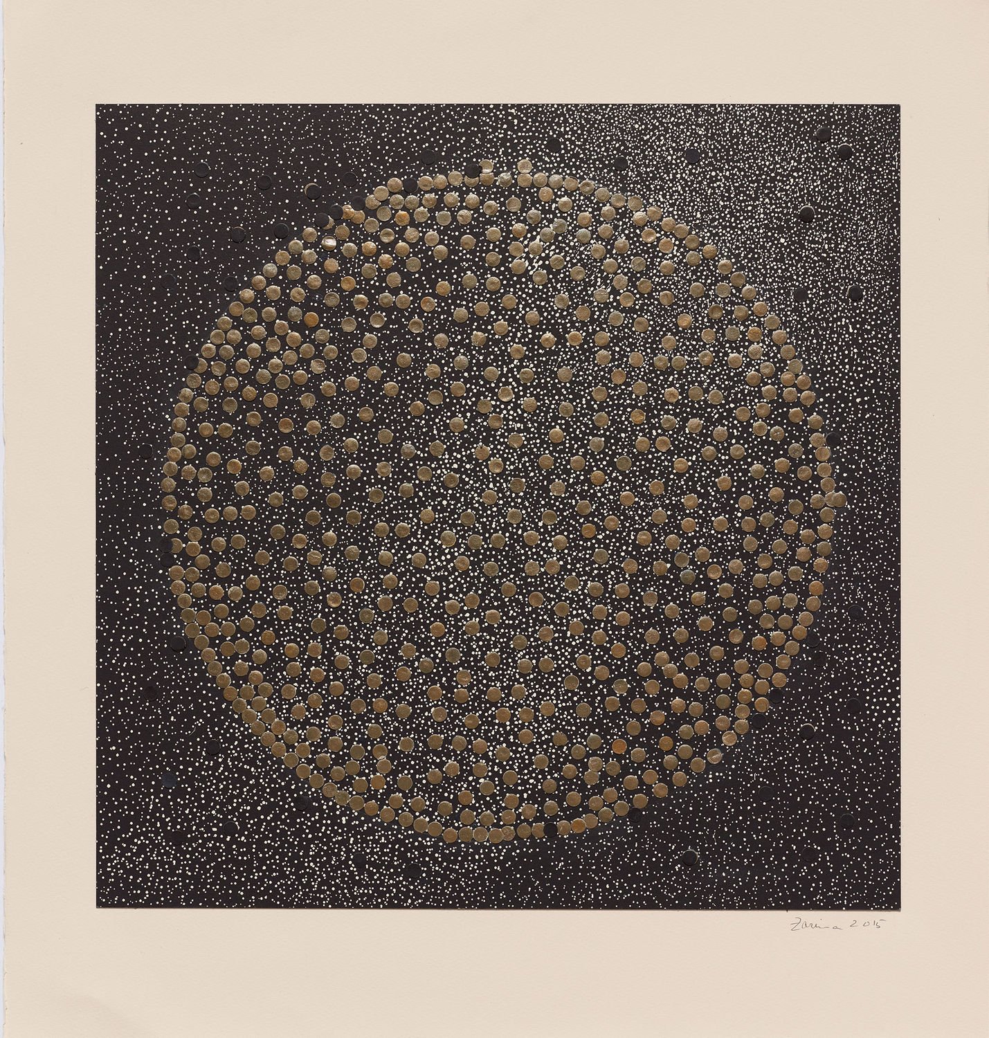  Zarina, Untitled, 2015  Woodcut printed on BFK light paper collaged with pewter leaf and printed black paper mounted on Somerset Antique paper. Sheet: 23 1/2 × 22 in. 