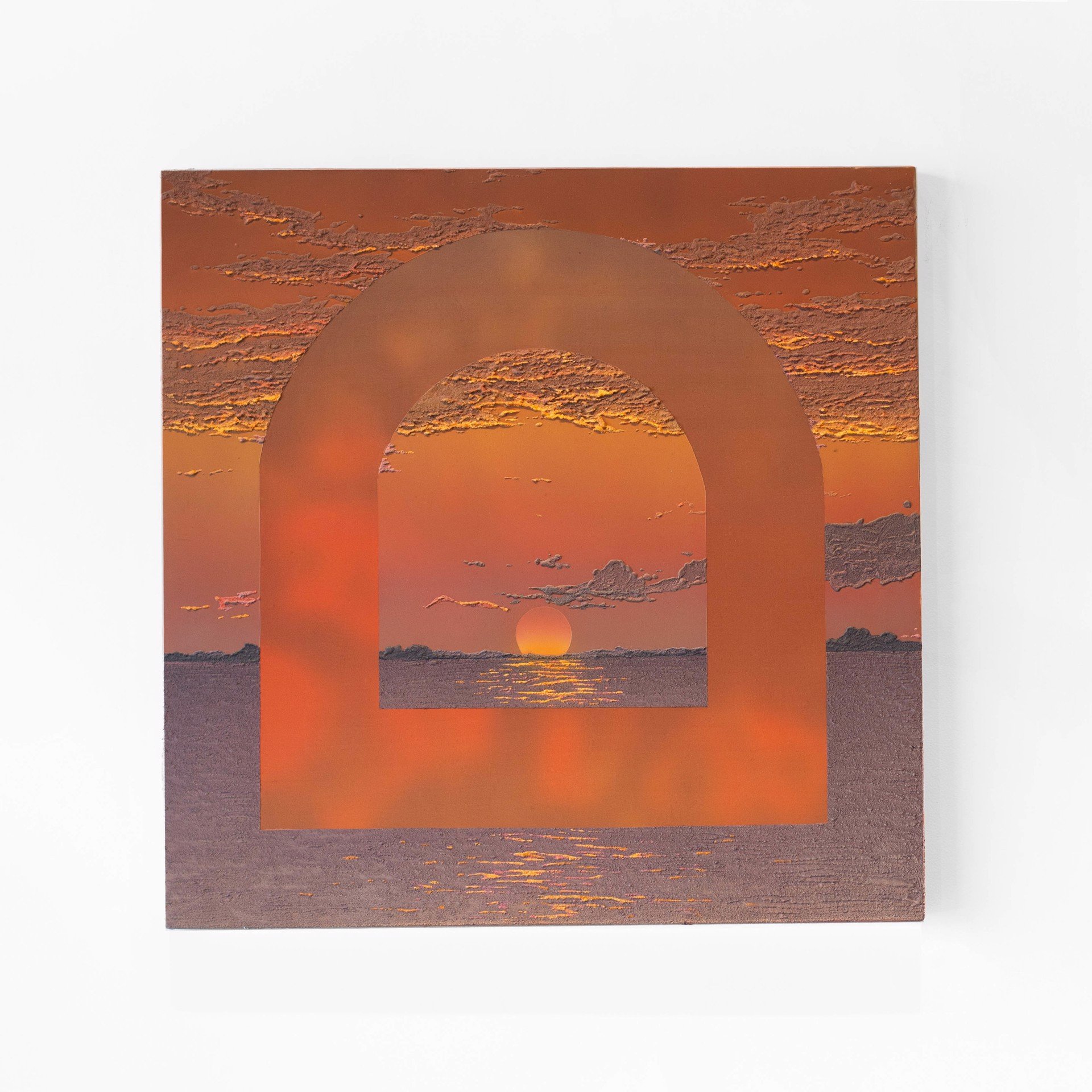    Saskia Fleishman      Passage (Cape May), 2022      Acrylic and sand on digitally printed chiffon      31.50 x 31.50 in   