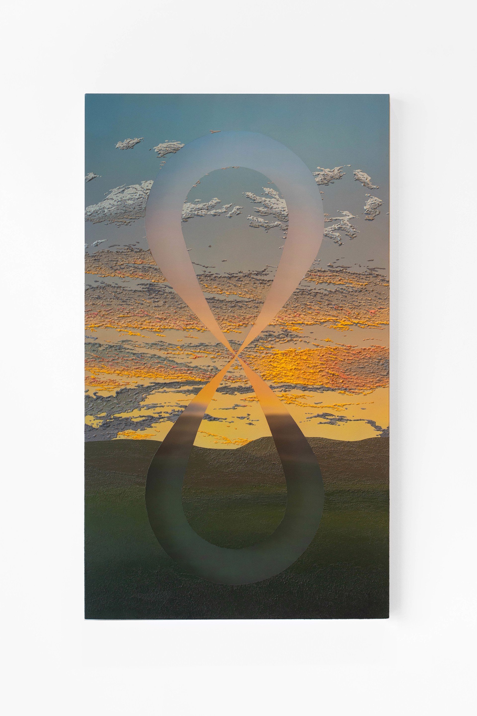    Saskia Fleishman      Hourglass (Dayton, Wyoming), 2023      Acrylic and sand on digitally printed chiffon      47 x 28 in   