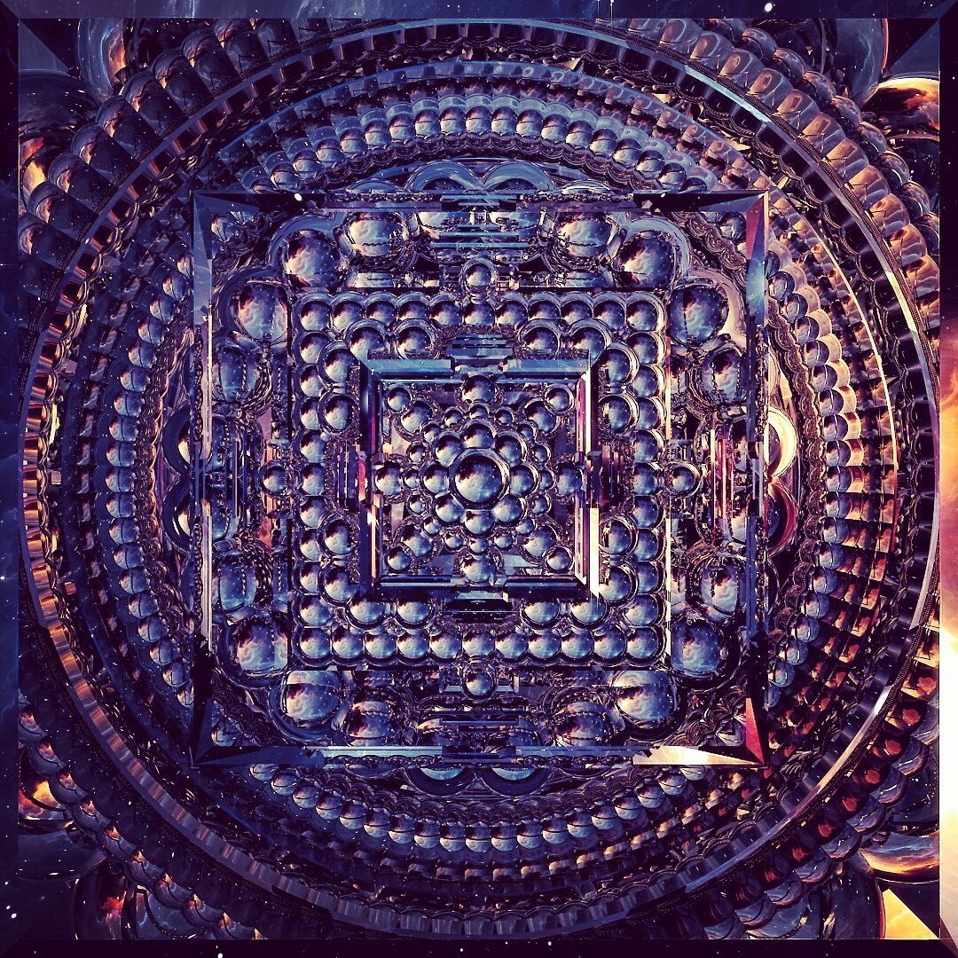 Based off of the Sarvavid Vairochana Mandala. The 37 Diety Mandala Family of Vairochana.

A top view representation of a 3D palace with 3 levels. At the top and in the center of the palace resides Maha Vairochana, considered to be the primordial Budd