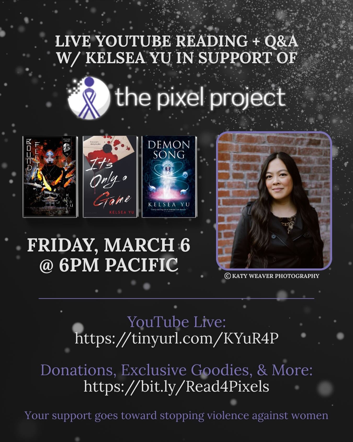 This Friday at 6pm Pacific, I&rsquo;ll be doing a live reading + Q&amp;A on YouTube in support of @thepixelproject! Would love to see you there! 🫶🖤

There&rsquo;s also a fundraiser running, which will soon include a few items from me!

Event: https