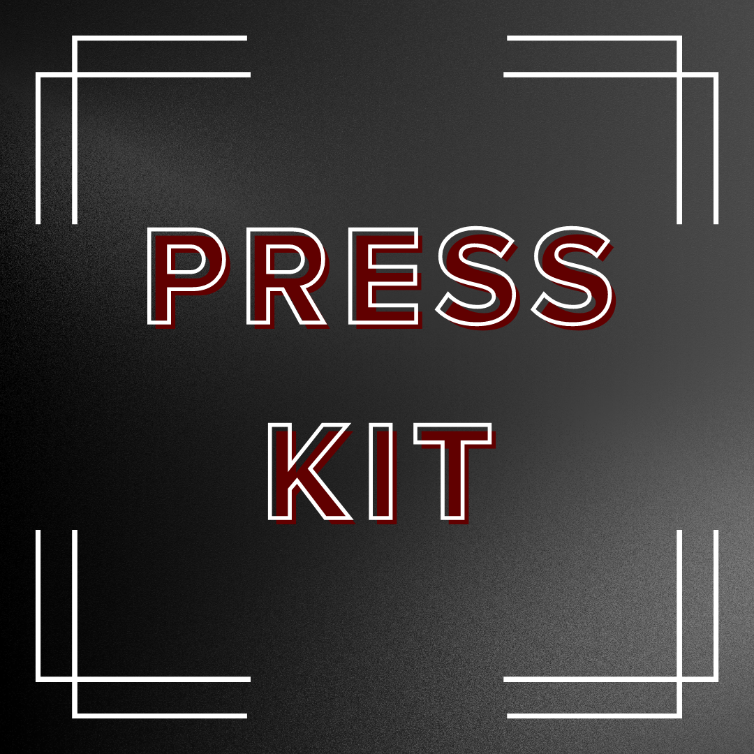 Graphic that reads "press kit" in bordered red text on a black background.