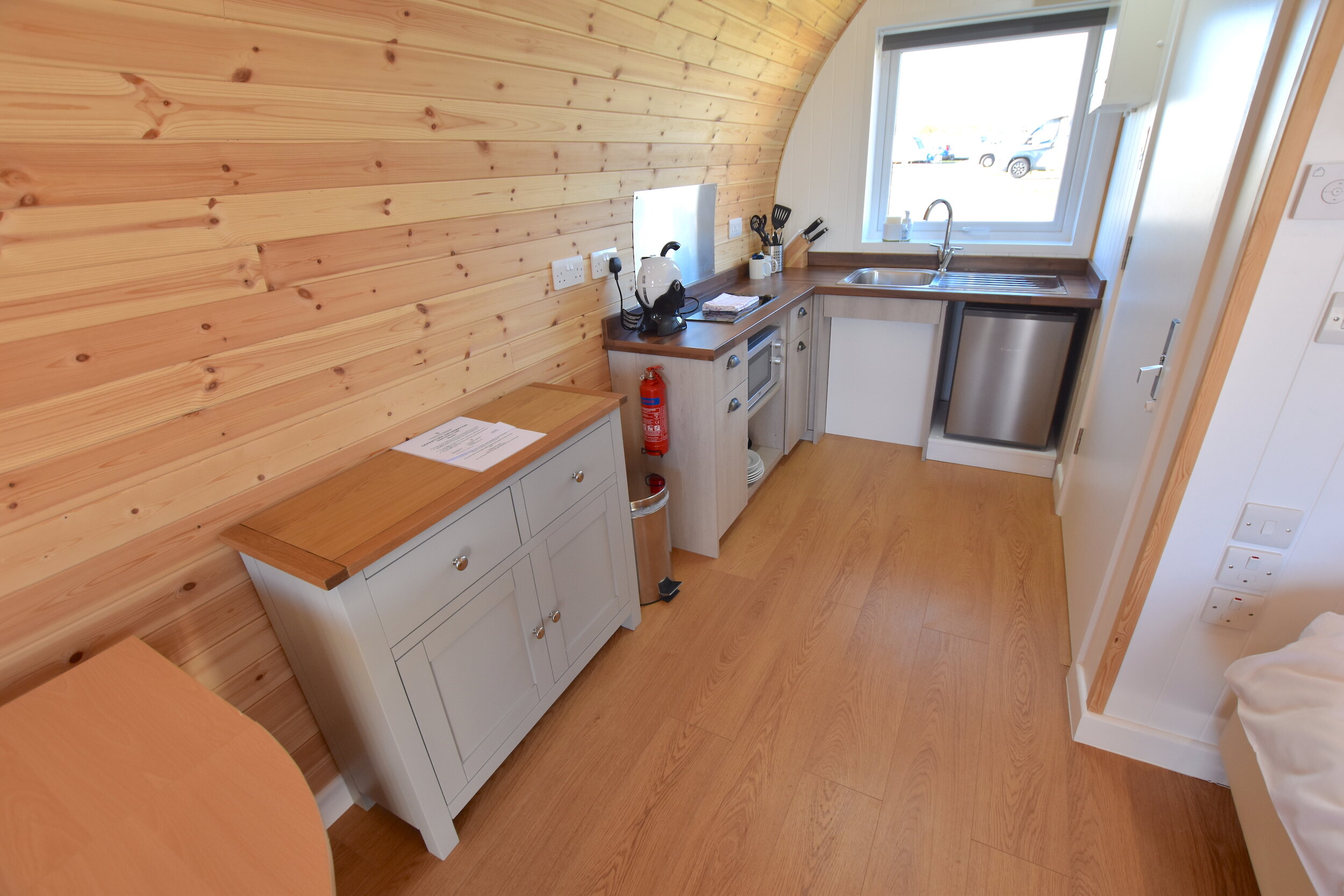 Kitchen in a wheelchair accessible glamping pod