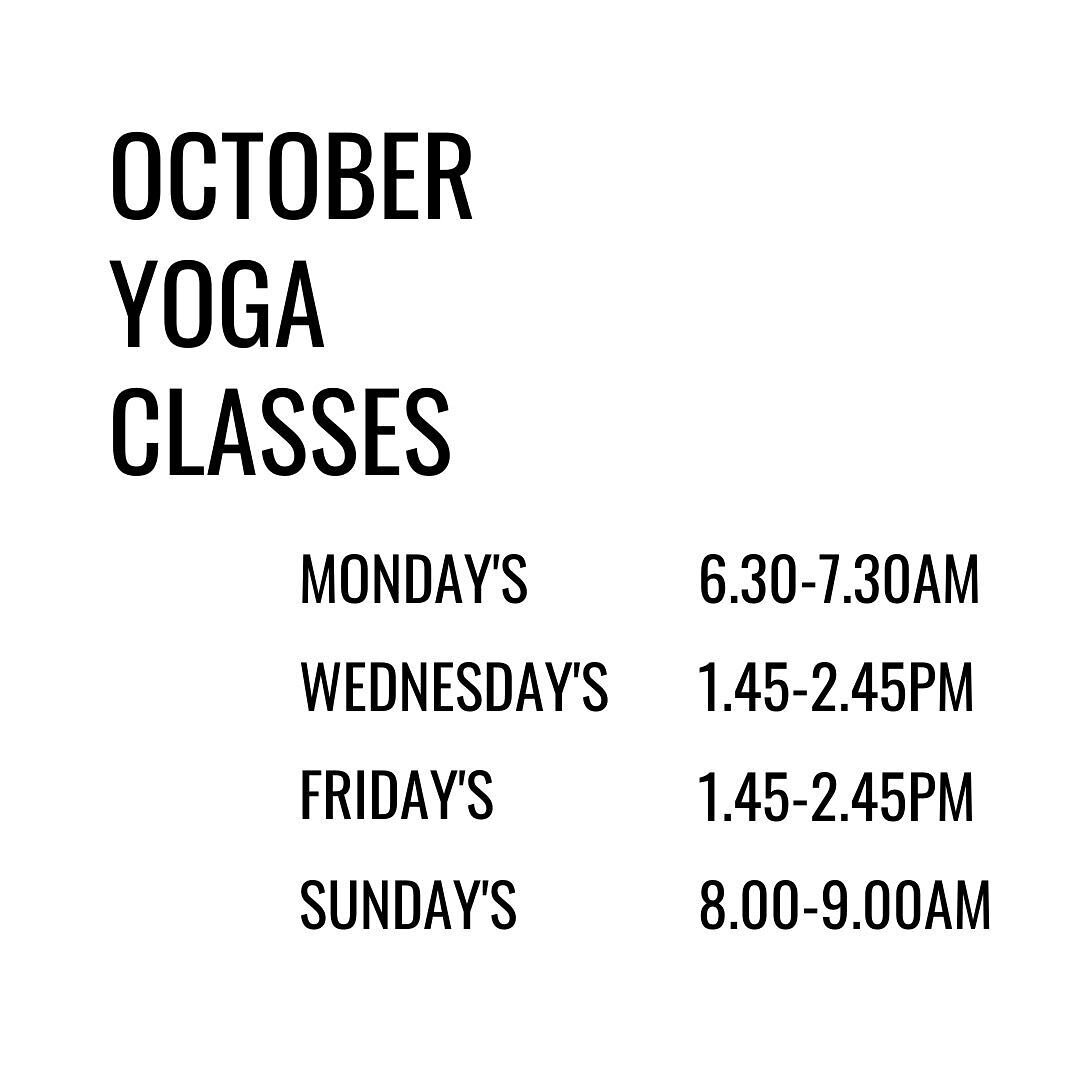 CLASS TIMETABLE
.
So this is what October looks like!
.
The Website will be live to start booking in from tomorrow, I will drop a post when it&rsquo;s ready so make sure your allowing notifications from us!
.
FIRST CLASS THIS  FRIDAY!
.
ASANA. MEDITA