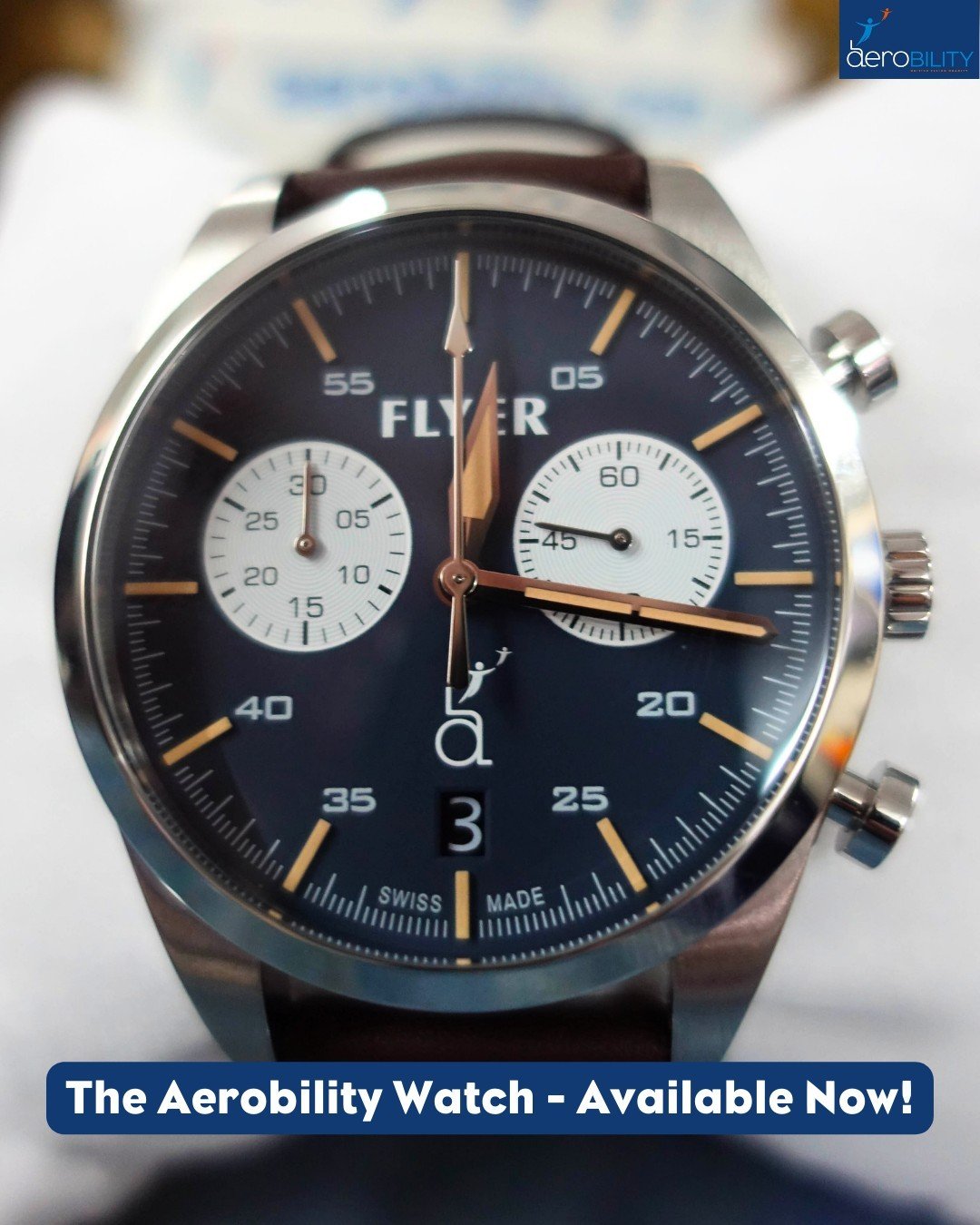 Have you seen the Aerobility watch in partnership with @flyerwatches? 😮

The Aerobility watch boasts a Swiss-made chronograph movement, a 42mm stainless steel case, a genuine brown padded leather strap, date indication, and 100m water resistance, en
